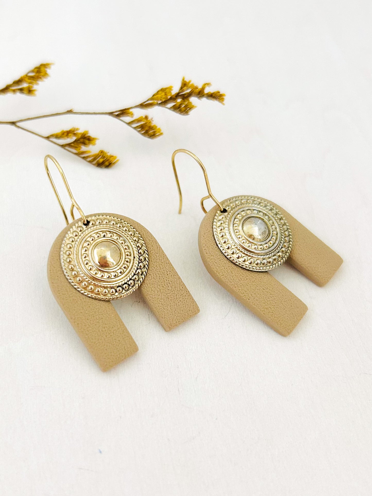 The Raina - Textured Neutral Arch Dangle Earrings with Coin Medallion Charm