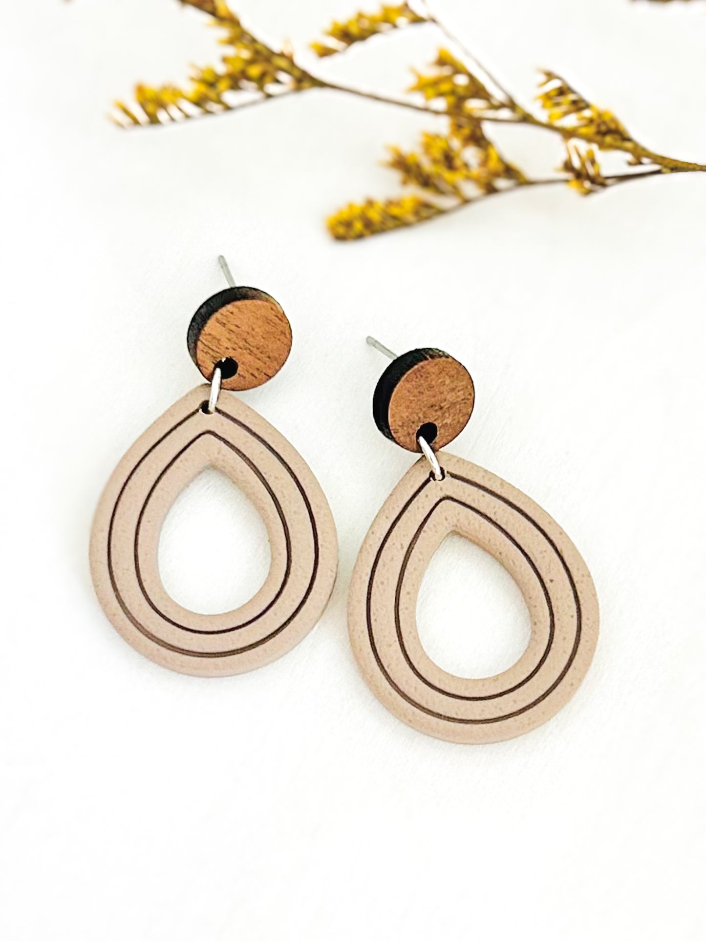 The Janelle - Textured Embossed Teardrop Dangles with Wood Topper