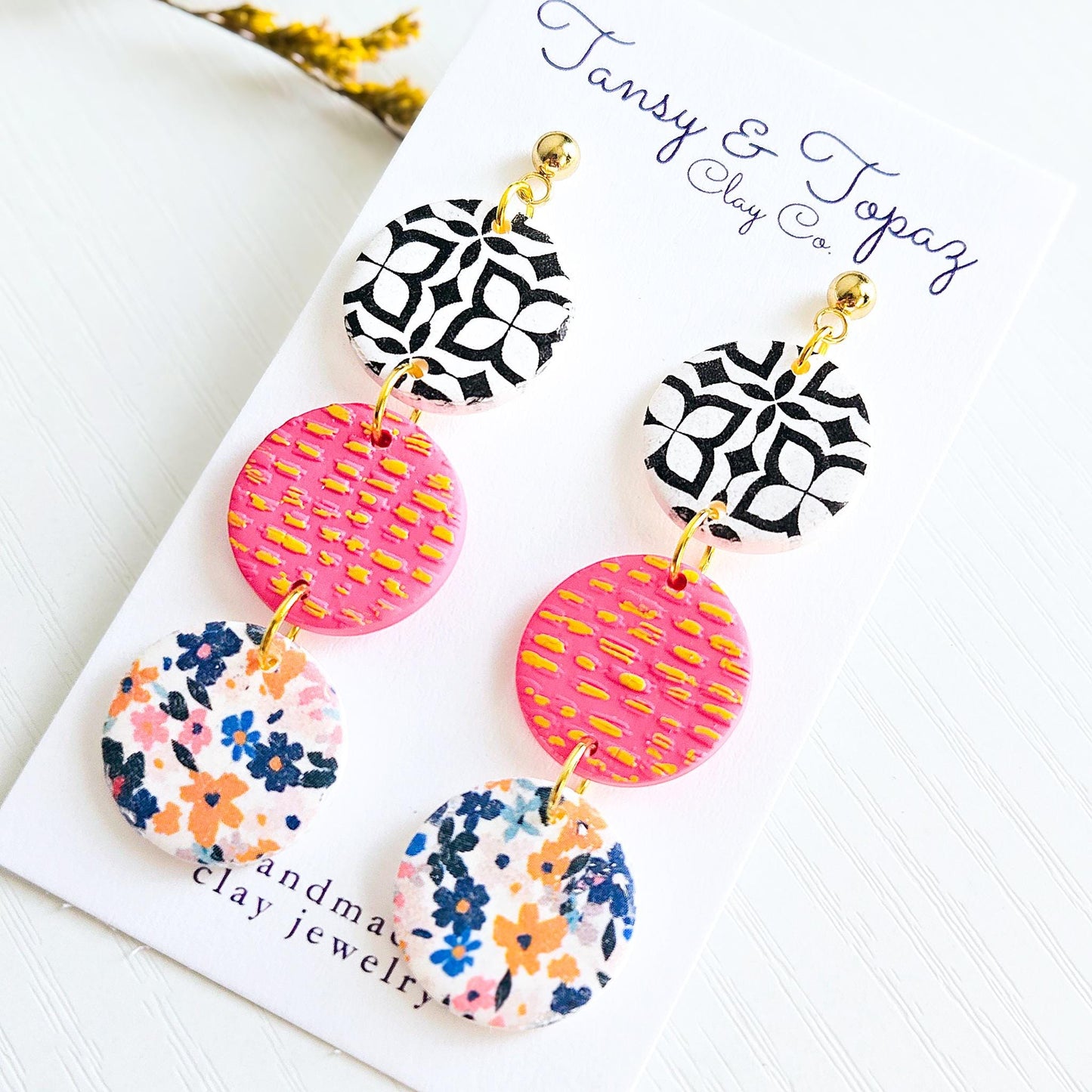 Polymer Clay Earrings: The Jodi - Round Earrings, Floral Print, Pink and Gold, 18k Gold Plated Jewelry, Fall Earrings, Gifts For Her