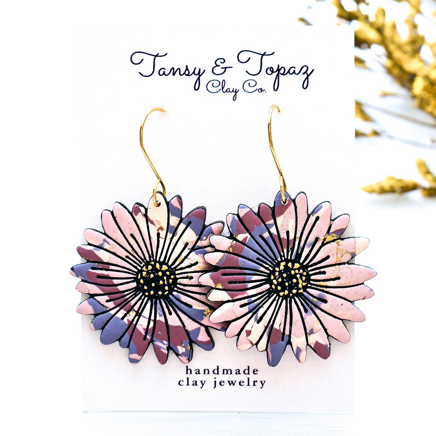Polymer Clay Earrings: The Paloma - Oversized Flower Earrings, Chrysanthemum Earrings, Daisy Jewelry, Dangle Earrings, Blue and White, Gift