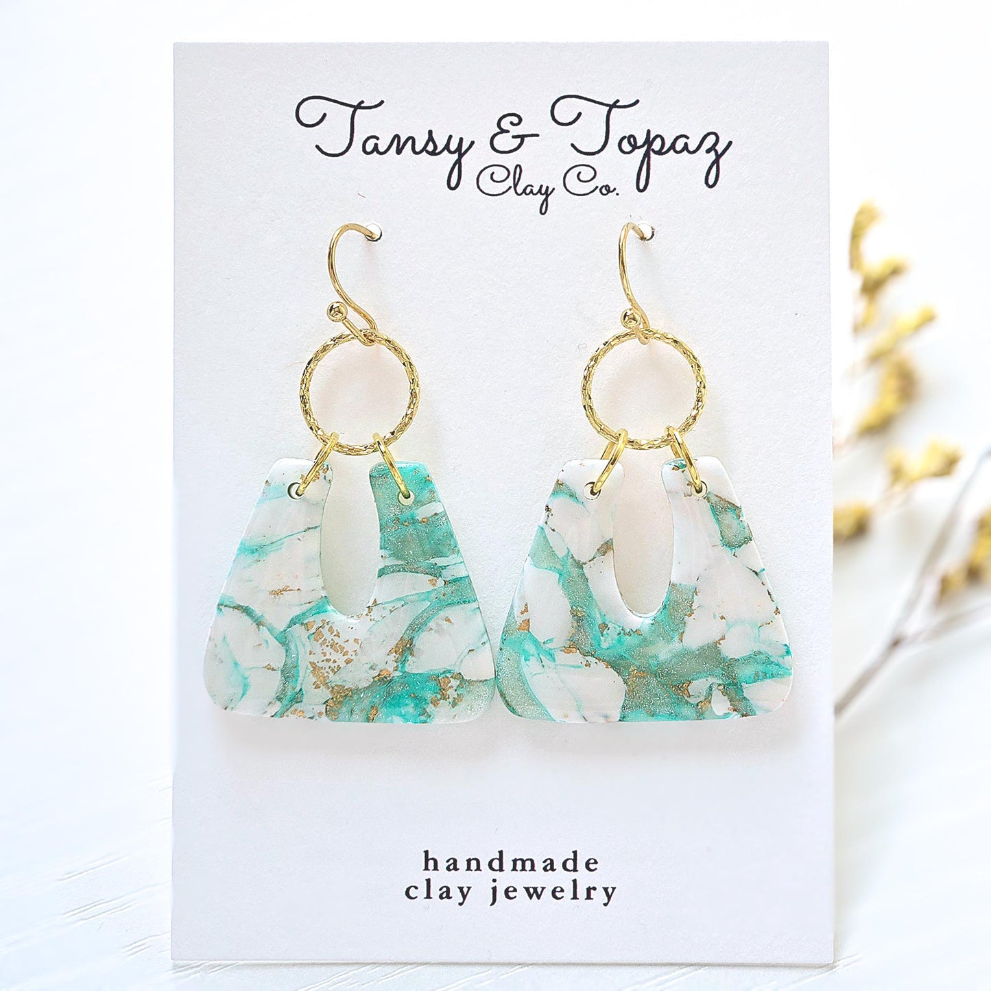 Polymer Clay Earrings: The Camilla - Marbled Clay Earrings, Teal and White Jewelry, 18k Gold Plated Jewelry, Gold Leaf, Fall Earring, Gift