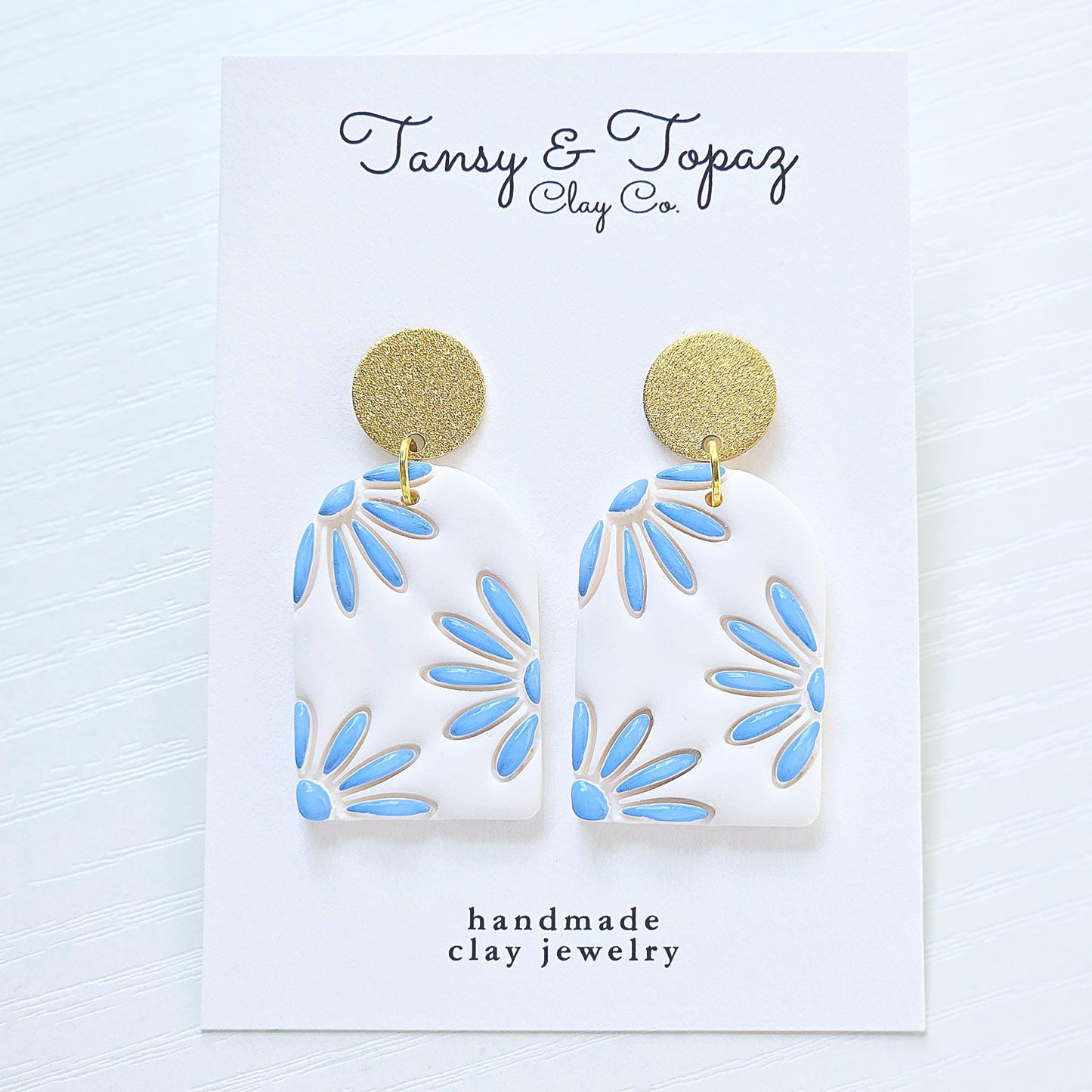 Polymer Clay Earrings: The Aimee - Daisy Flower Earrings, Arch Dangle Earrings, Floral Jewelry, Blue and Pink. Gift for Her, Painted Flower