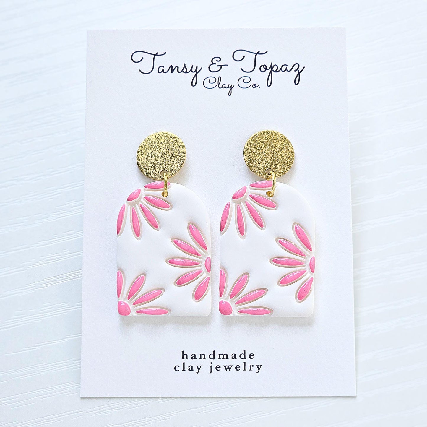 Polymer Clay Earrings: The Aimee - Daisy Flower Earrings, Arch Dangle Earrings, Floral Jewelry, Blue and Pink. Gift for Her, Painted Flower