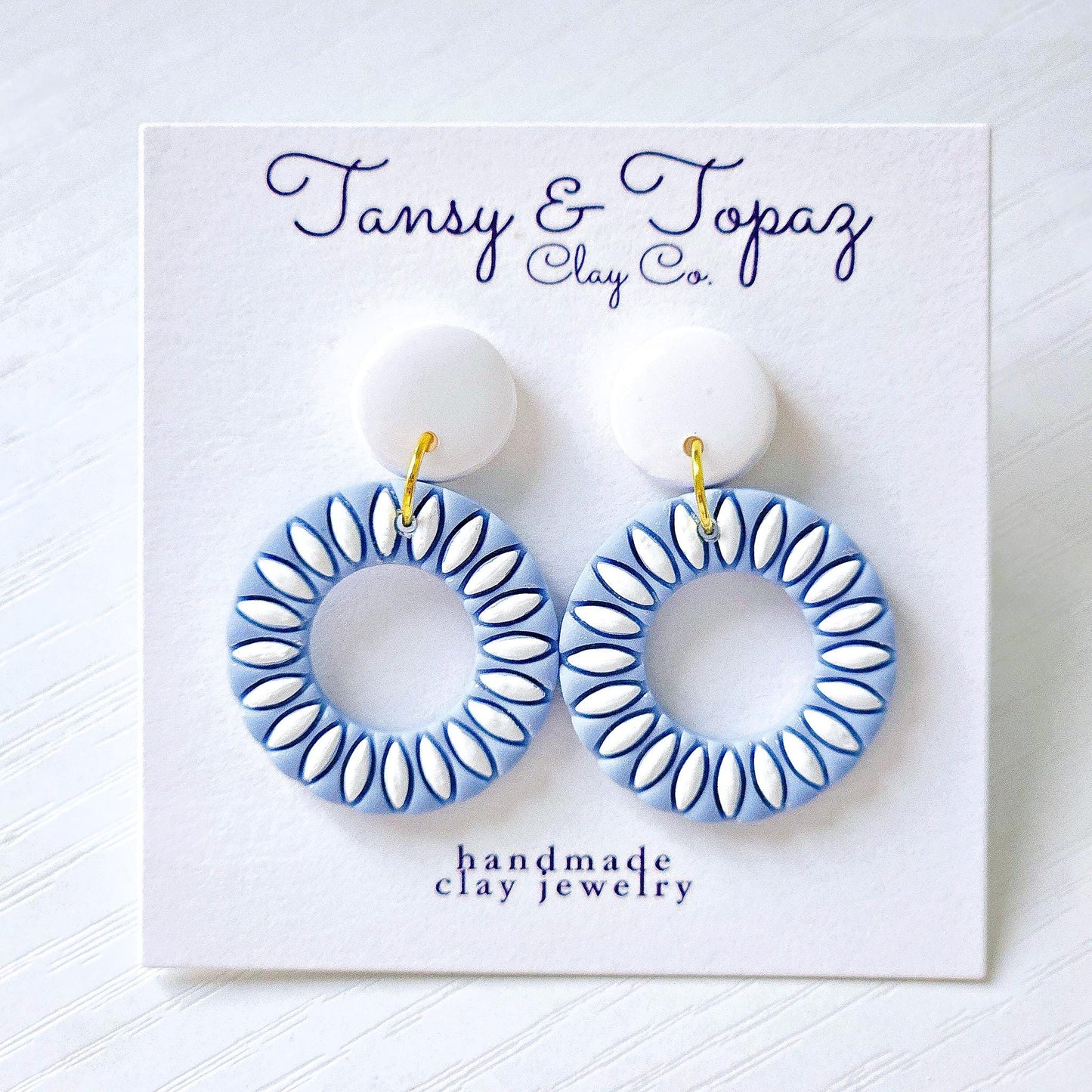 Polymer Clay Earrings: The Zoey - Embossed Floral Design, Round Hoop Earrings, Blue and White, Pastel Polymer Clay, Gift for Her