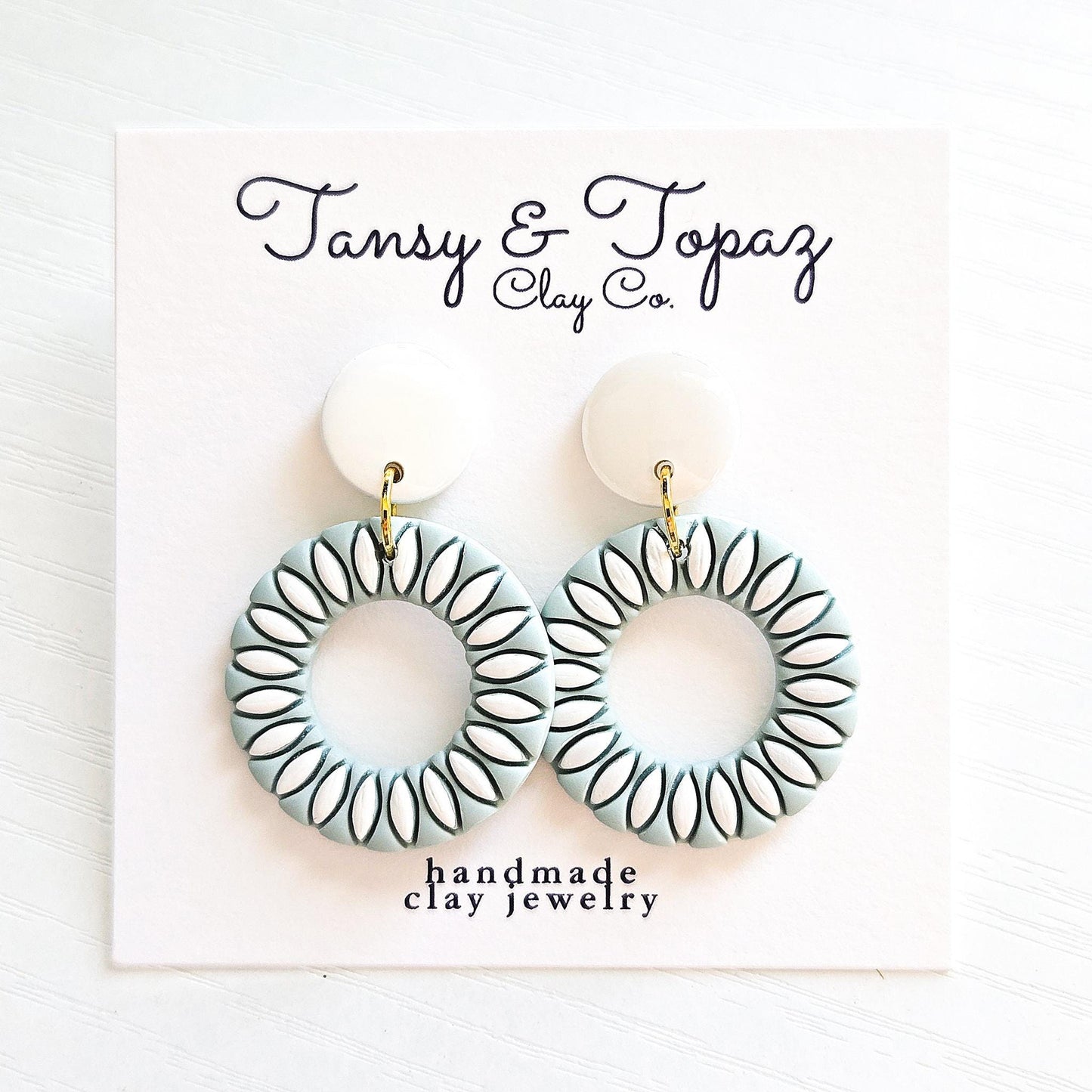Polymer Clay Earrings: The Zoey - Embossed Floral Design, Round Hoop Earrings, Blue and White, Pastel Polymer Clay, Gift for Her