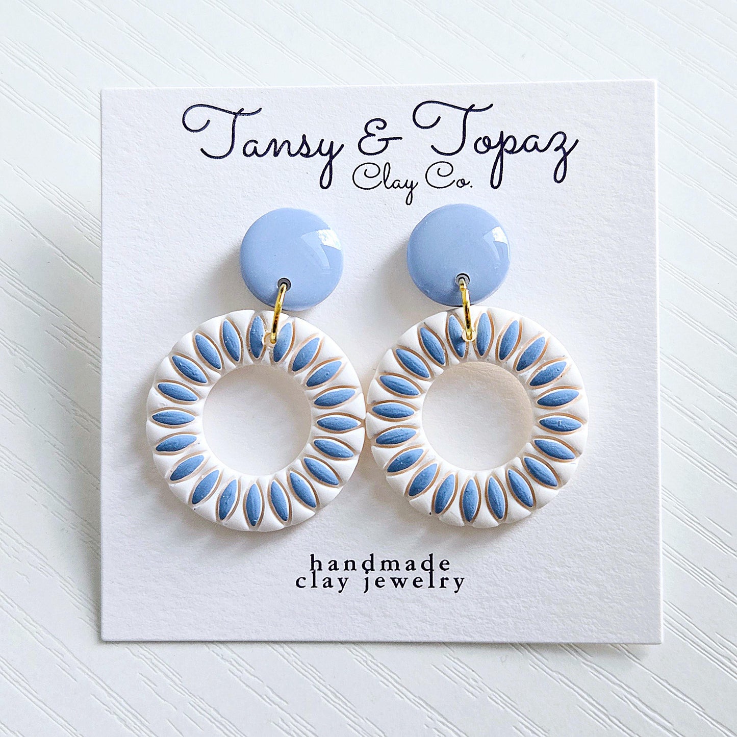 Polymer Clay Earrings: The Zoey - Embossed Floral Design, Round Hoop Earrings, Blue and White, Pastel Polymer Clay, Gift for Her