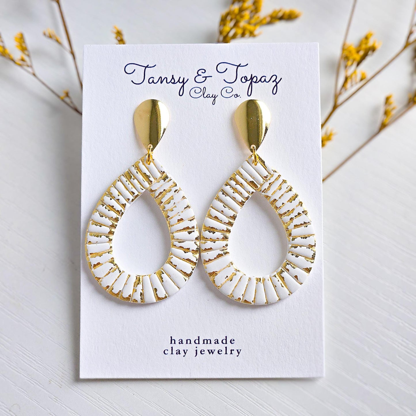 Polymer Clay Earrings: The Parker - Teardrop Earrings, Gold Leaf, Silver Leaf, Ribbed Texture, Platinum and Gold, Fall Jewelry, Gift for Her