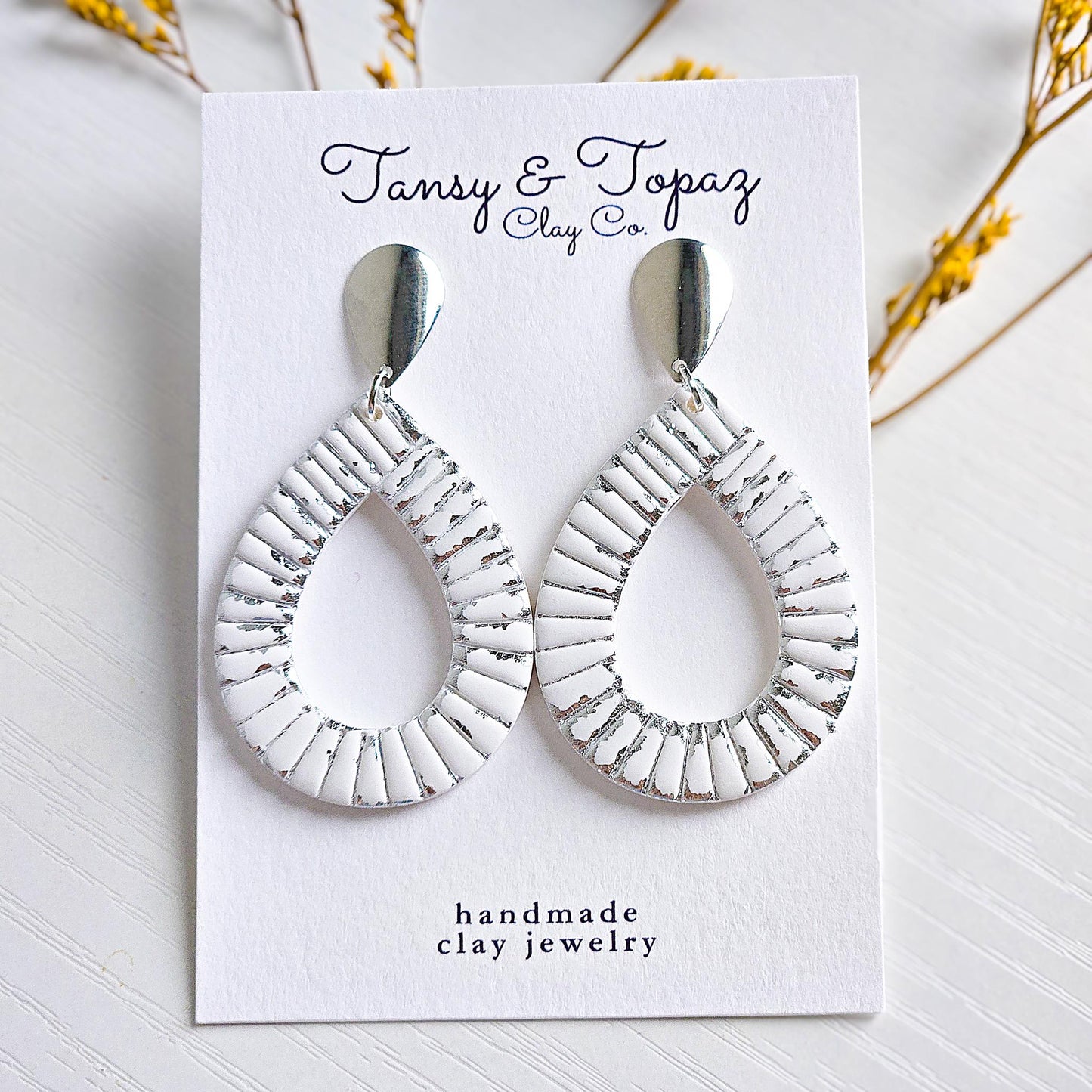 Polymer Clay Earrings: The Parker - Teardrop Earrings, Gold Leaf, Silver Leaf, Ribbed Texture, Platinum and Gold, Fall Jewelry, Gift for Her