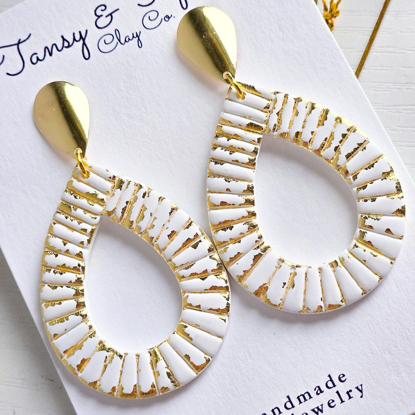 Polymer Clay Earrings: The Parker - Teardrop Earrings, Gold Leaf, Silver Leaf, Ribbed Texture, Platinum and Gold, Fall Jewelry, Gift for Her