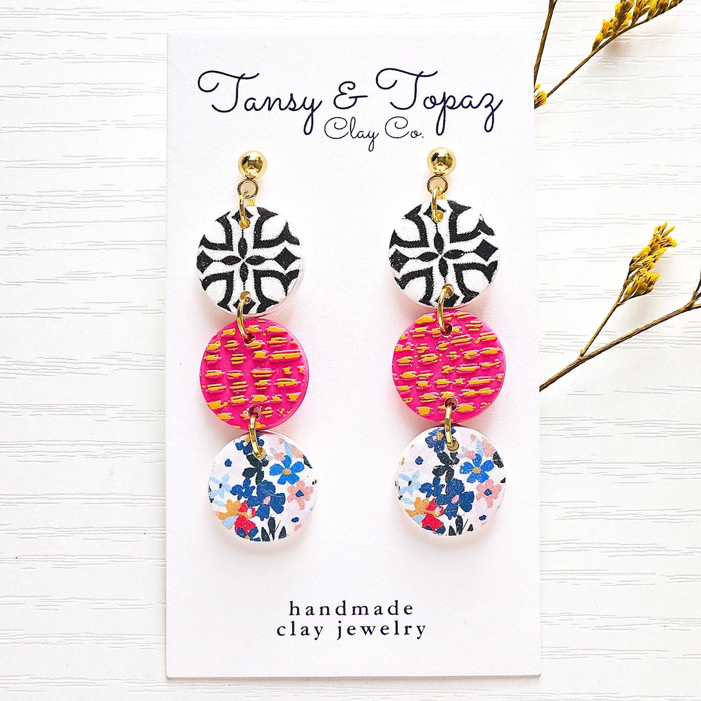 Polymer Clay Earrings: The Jodi - Round Earrings, Floral Print, Pink and Gold, 18k Gold Plated Jewelry, Fall Earrings, Gifts For Her