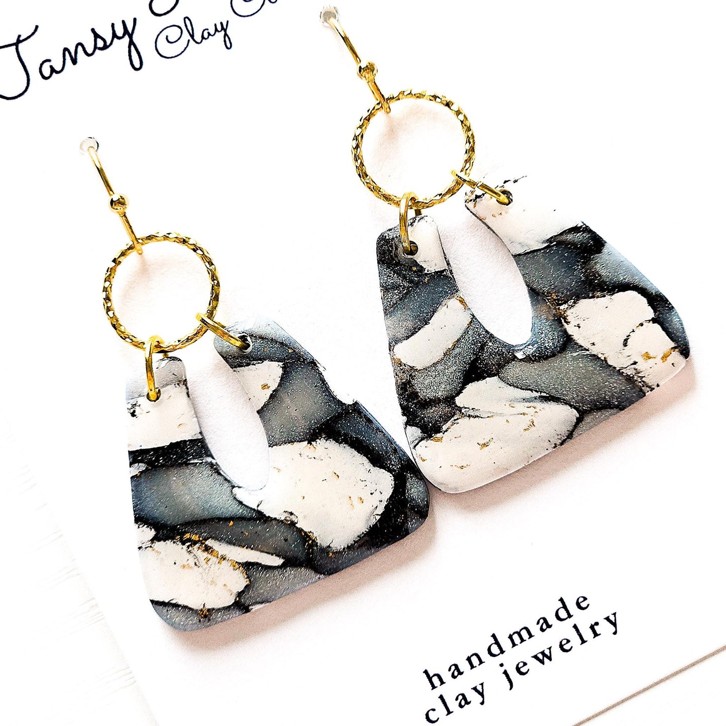 Polymer Clay Earrings: The Camilla - Marbled Clay Earrings, Teal and White Jewelry, 18k Gold Plated Jewelry, Gold Leaf, Fall Earring, Gift