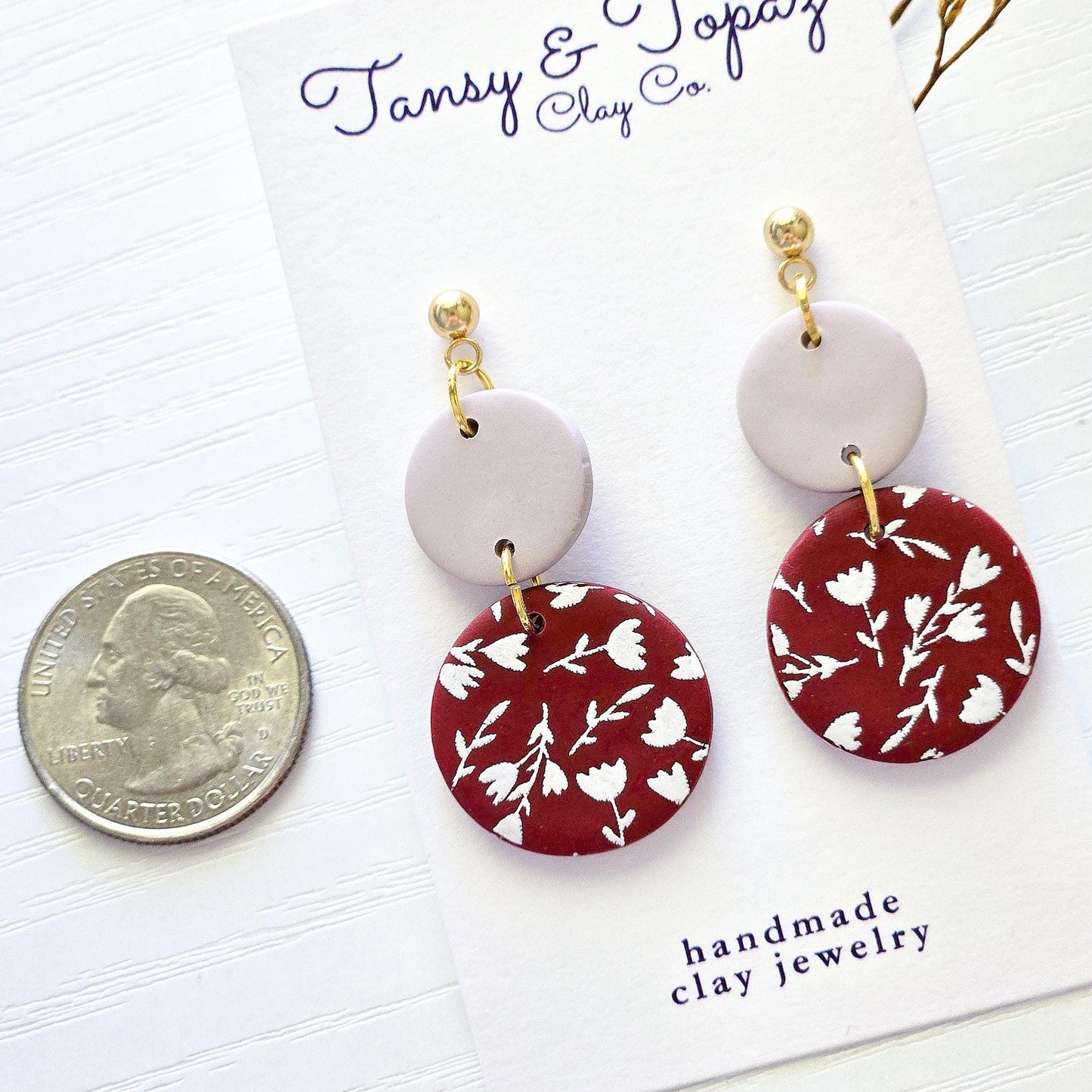 Polymer Clay Earrings: The Jocelyn - Tulip Print, Burgundy Neutral Dangle, 18k Gold Plated Jewelry, Floral Earrings, Fall Jewelry Gift