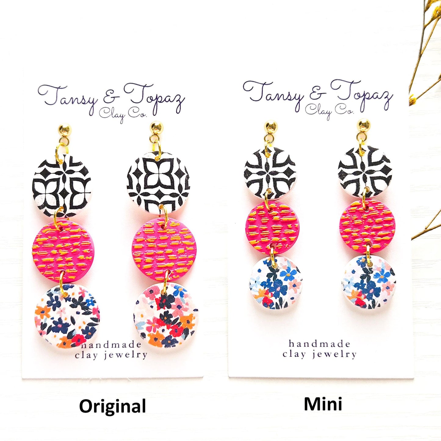Polymer Clay Earrings: The Jodi - Round Earrings, Floral Print, Pink and Gold, 18k Gold Plated Jewelry, Fall Earrings, Gifts For Her