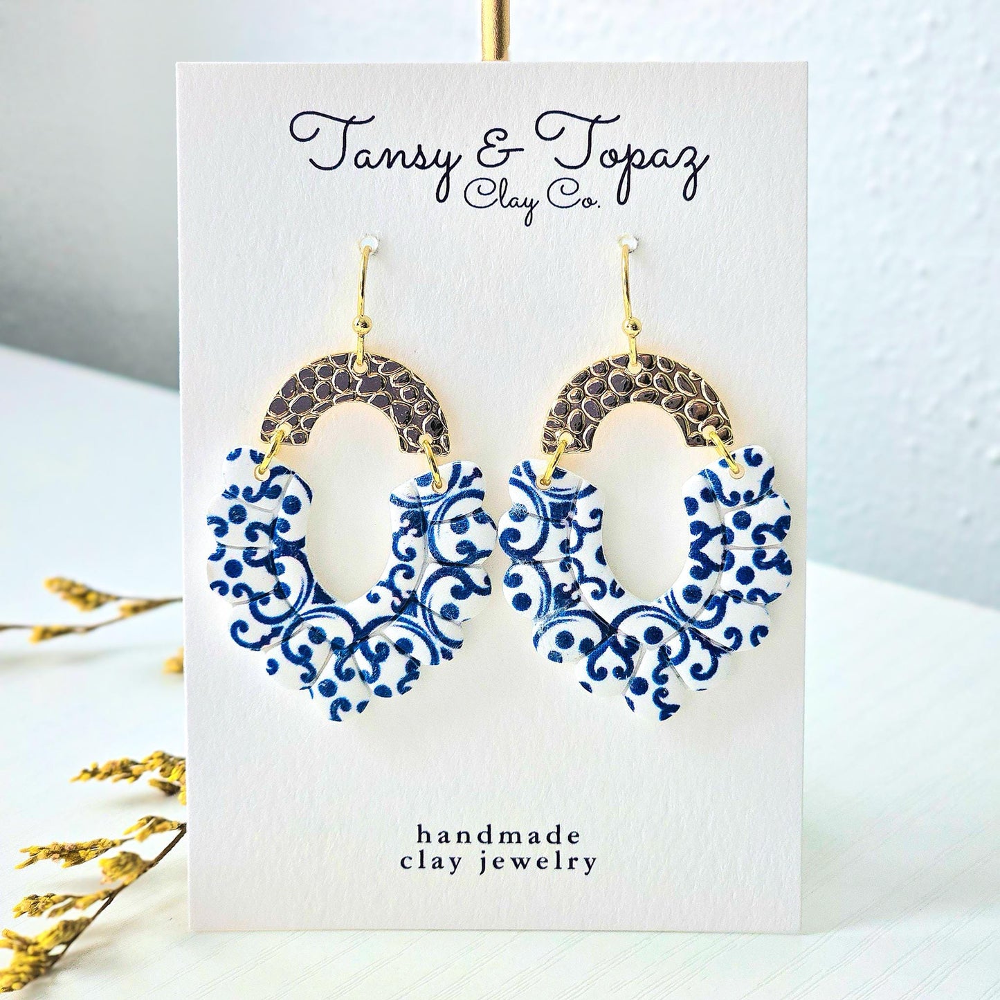 Santorini Inspired, Blue Dangle Earrings, Gold Statement Jewelry, Polymer Clay Earrings, Gift for Her, Handmade Clay Jewelry