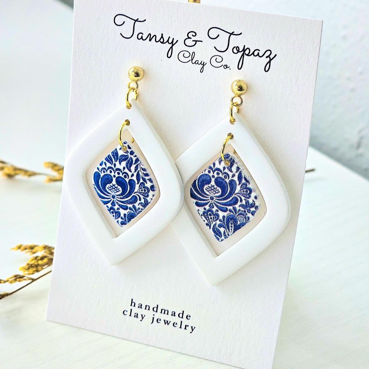 Santorini Inspired, Blue Dangle Earrings, Gold Statement Jewelry, Polymer Clay Earrings, Gift for Her, Handmade Clay Jewelry