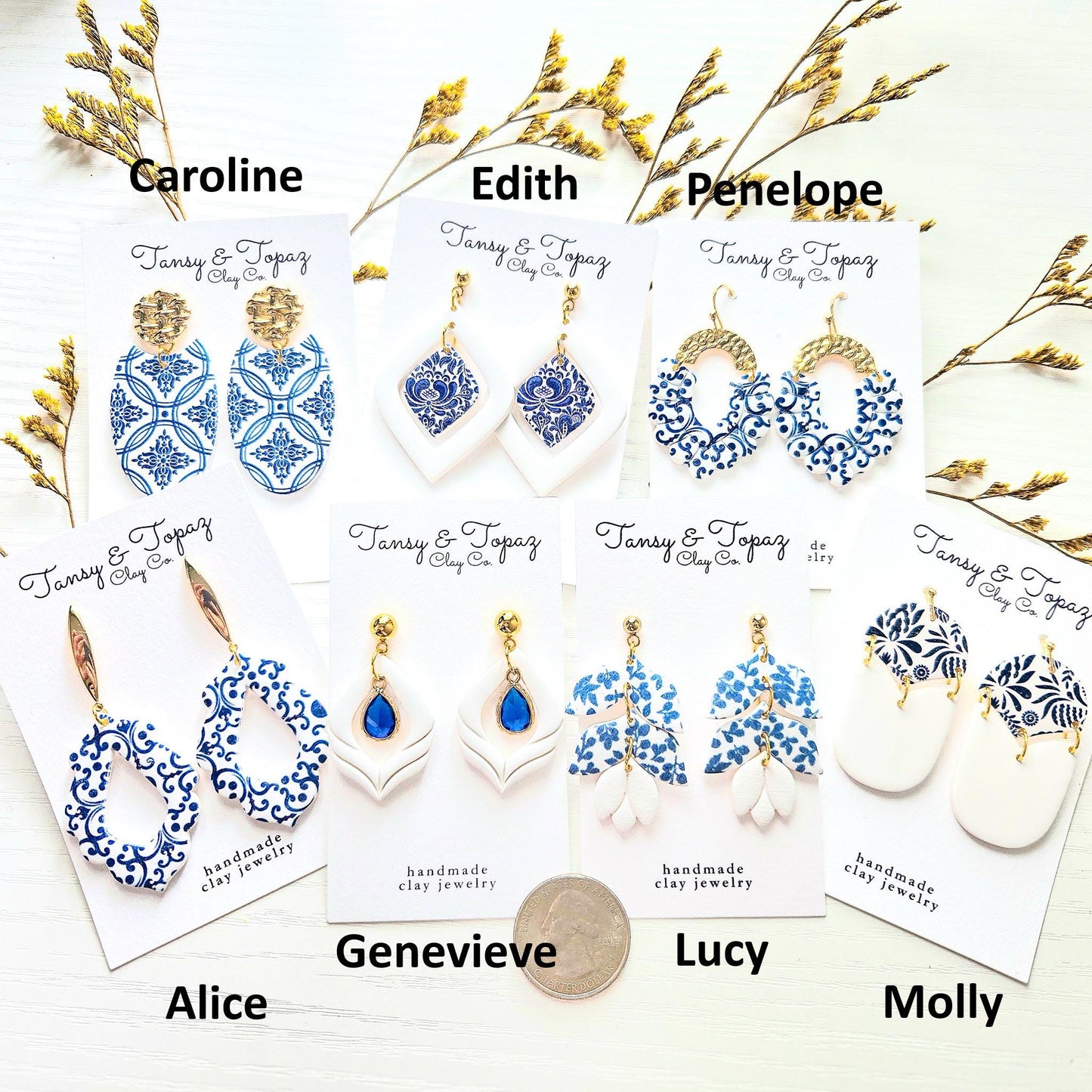 Santorini Inspired, Blue Dangle Earrings, Gold Statement Jewelry, Polymer Clay Earrings, Gift for Her, Handmade Clay Jewelry