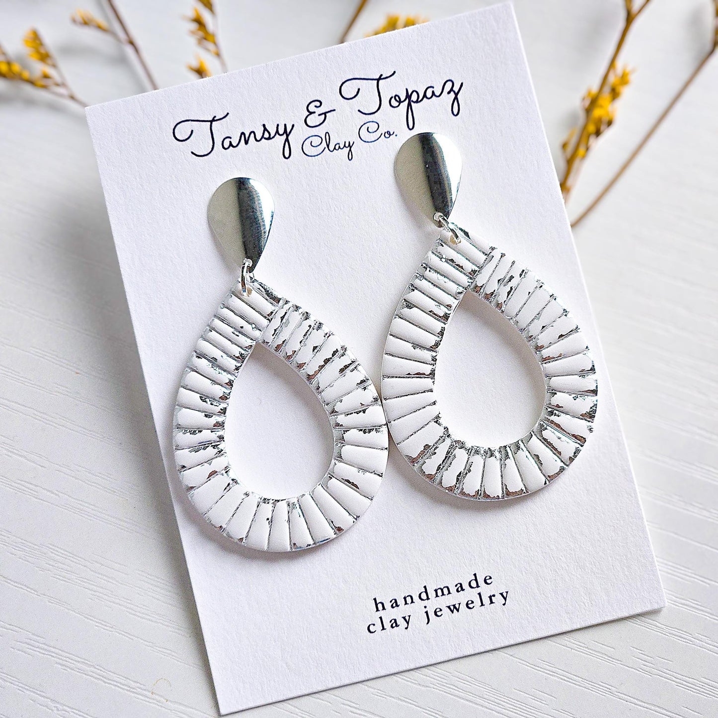 Polymer Clay Earrings: The Parker - Teardrop Earrings, Gold Leaf, Silver Leaf, Ribbed Texture, Platinum and Gold, Fall Jewelry, Gift for Her