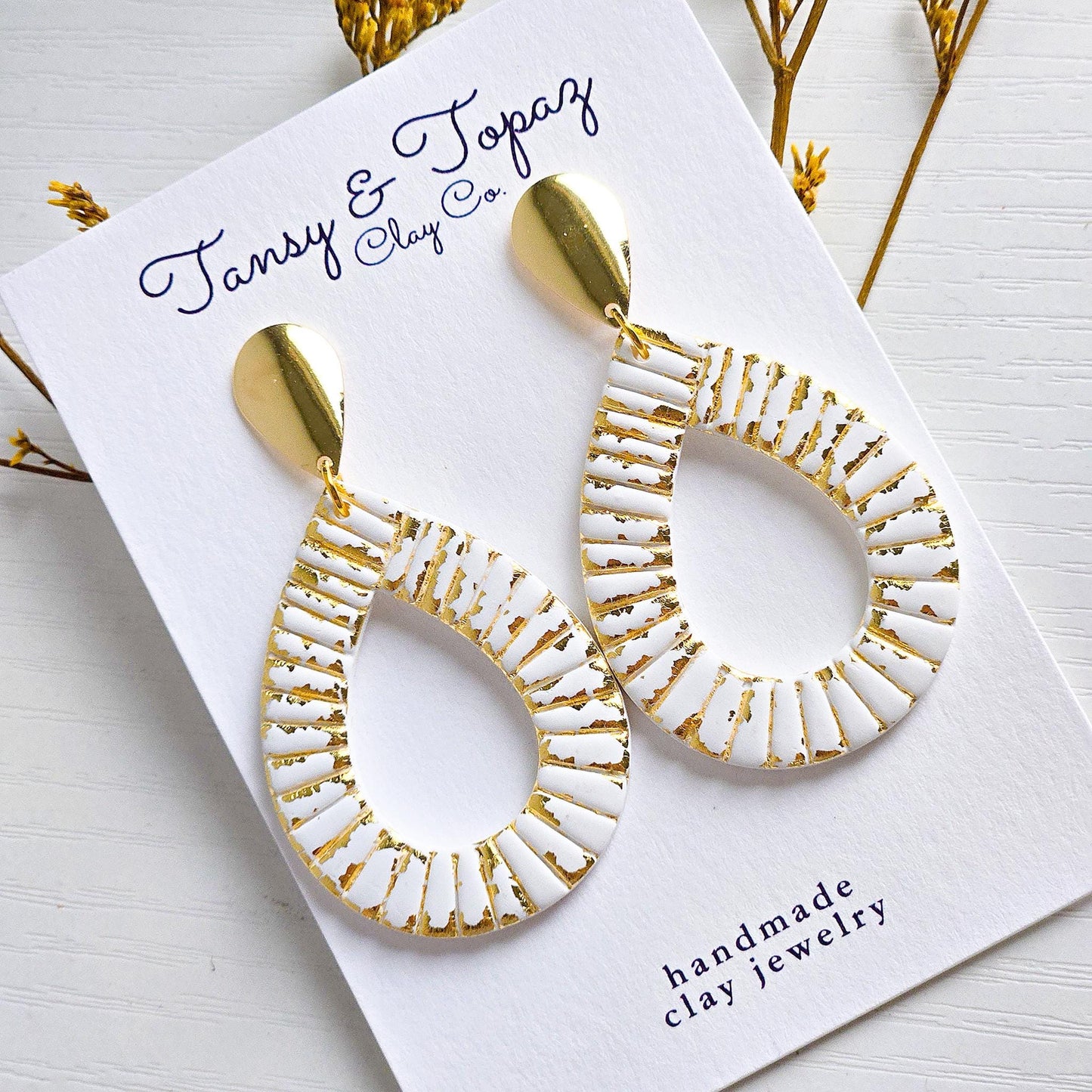 Polymer Clay Earrings: The Parker - Teardrop Earrings, Gold Leaf, Silver Leaf, Ribbed Texture, Platinum and Gold, Fall Jewelry, Gift for Her