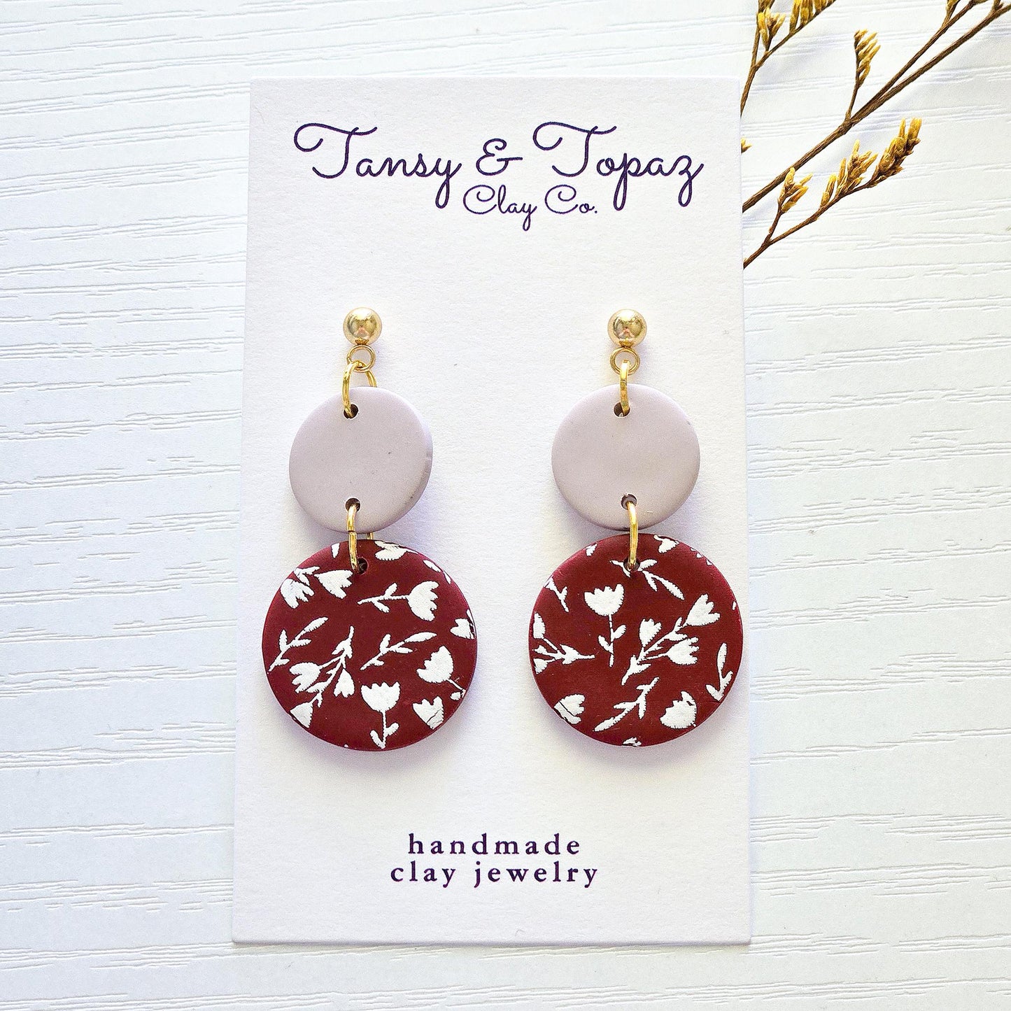 Polymer Clay Earrings: The Jocelyn - Tulip Print, Burgundy Neutral Dangle, 18k Gold Plated Jewelry, Floral Earrings, Fall Jewelry Gift