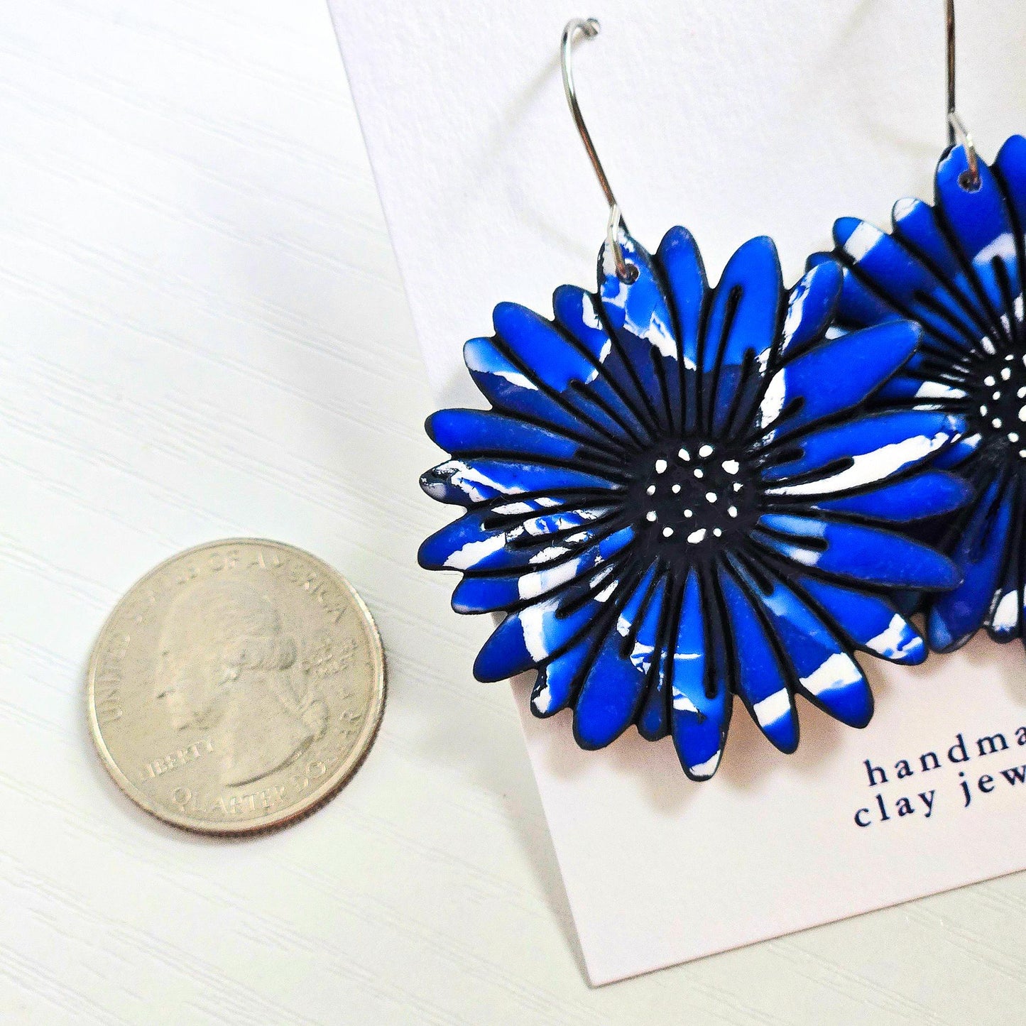 Polymer Clay Earrings: The Paloma - Oversized Flower Earrings, Chrysanthemum Earrings, Daisy Jewelry, Dangle Earrings, Blue and White, Gift