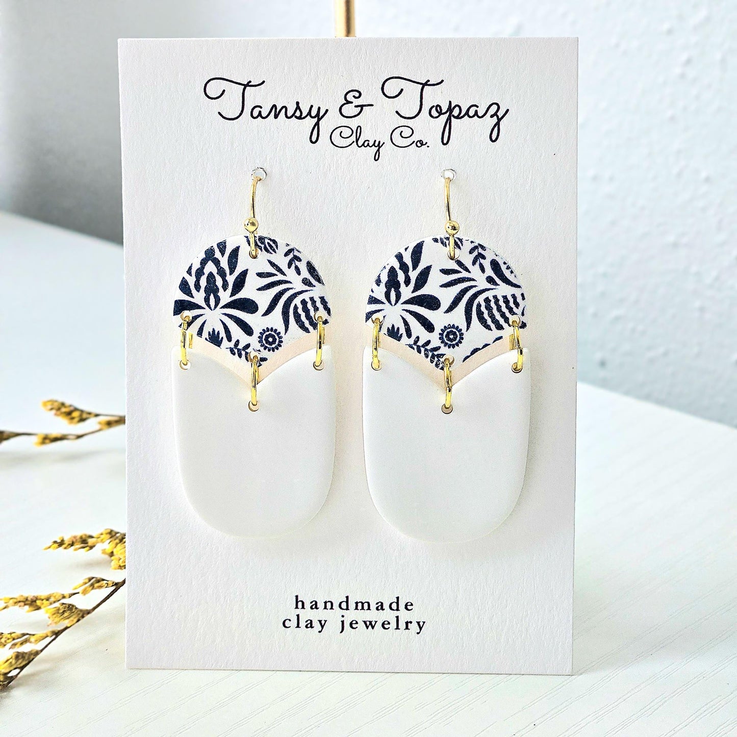 Santorini Inspired, Blue Dangle Earrings, Gold Statement Jewelry, Polymer Clay Earrings, Gift for Her, Handmade Clay Jewelry