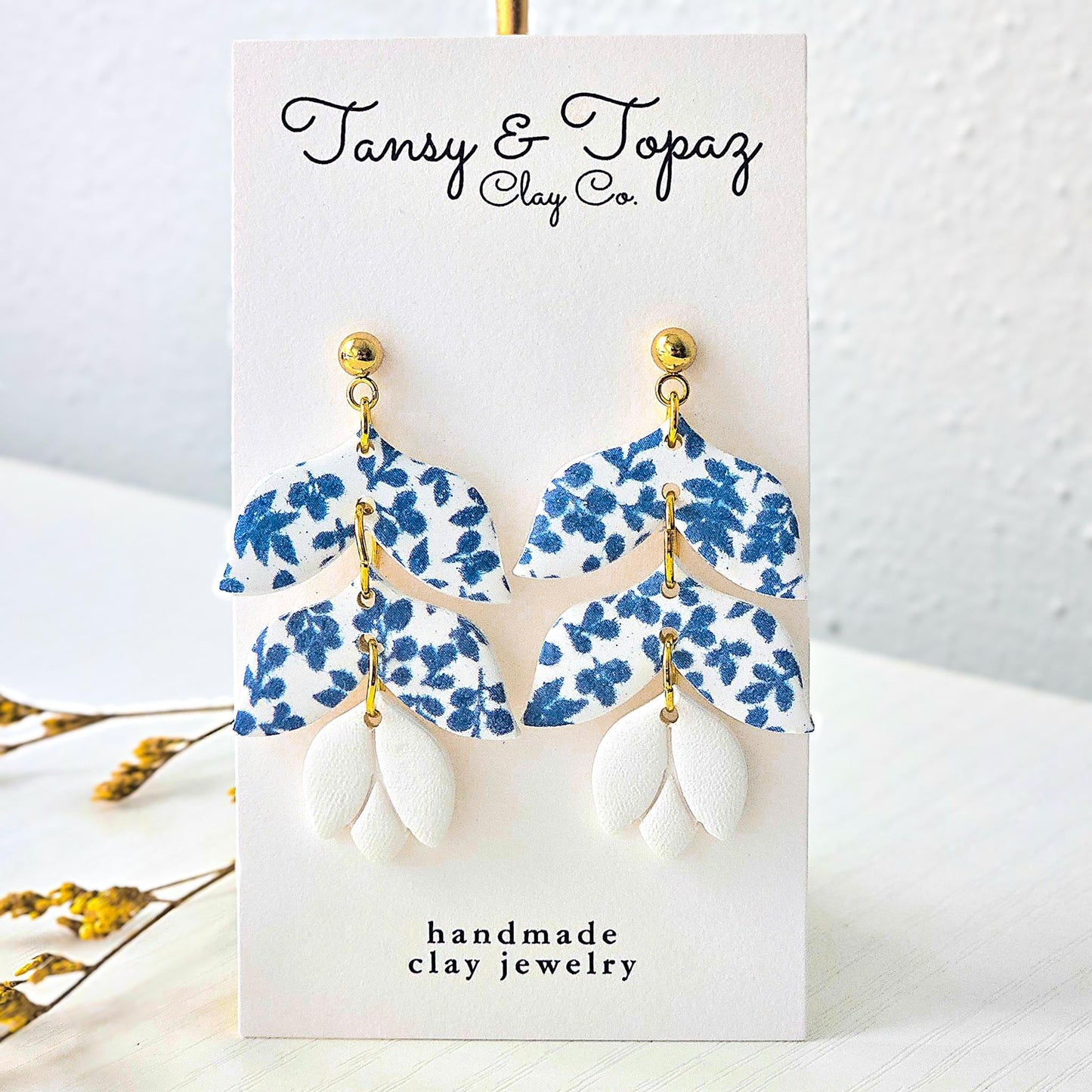 Santorini Inspired, Blue Dangle Earrings, Gold Statement Jewelry, Polymer Clay Earrings, Gift for Her, Handmade Clay Jewelry