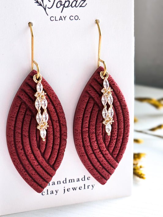 Fall Jewelry, Polymer Clay Earrings: The Hilary - Leaf Earrings, Cubic Zirconia, Gold Statement Jewelry, Gift for Her, Fall Collection