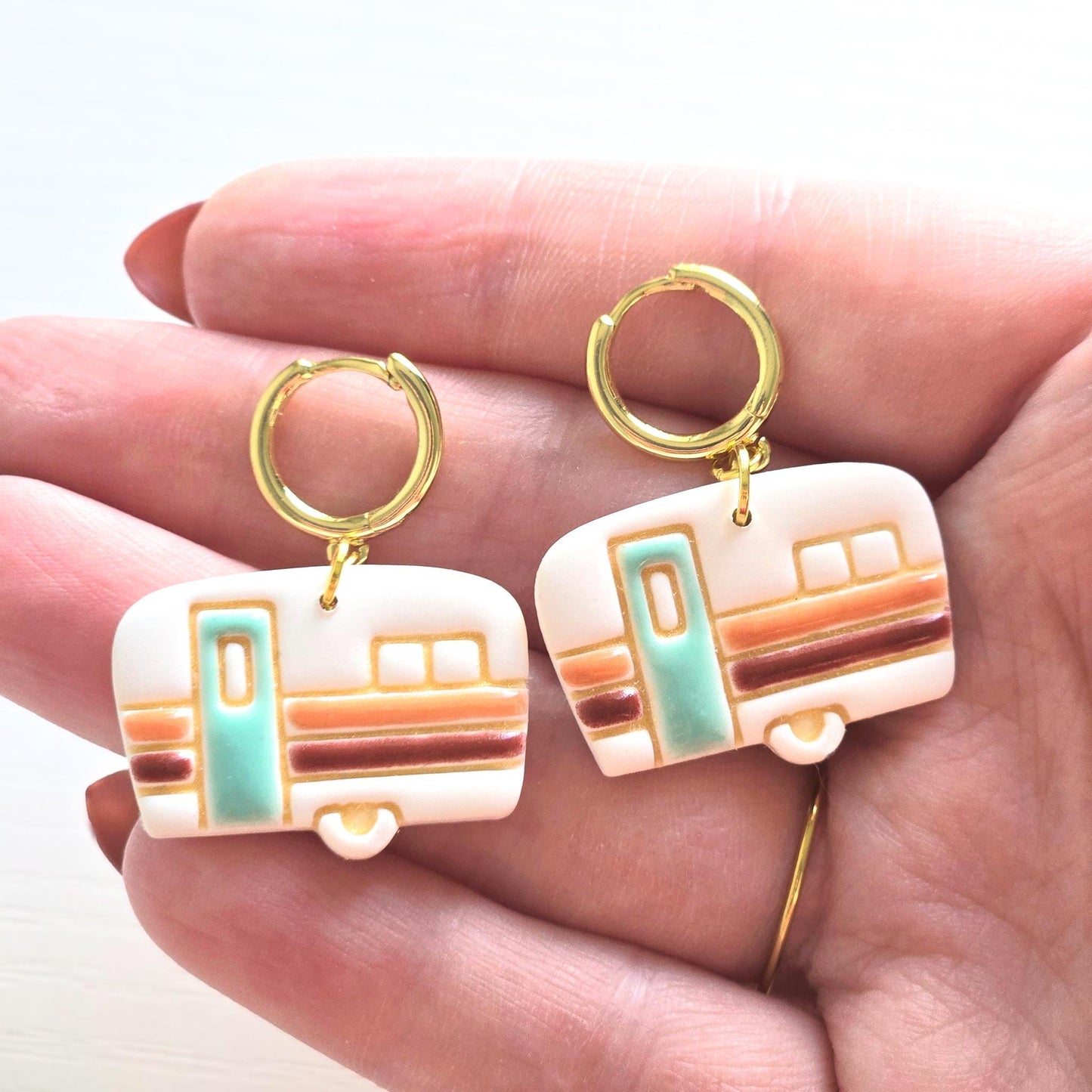 Fall Jewelry, Retro Camper Earring, Gold Huggie Earrings, Polymer Clay Earrings: Gold Hoop Earrings, Gold Statement Earrings, Vintage Style