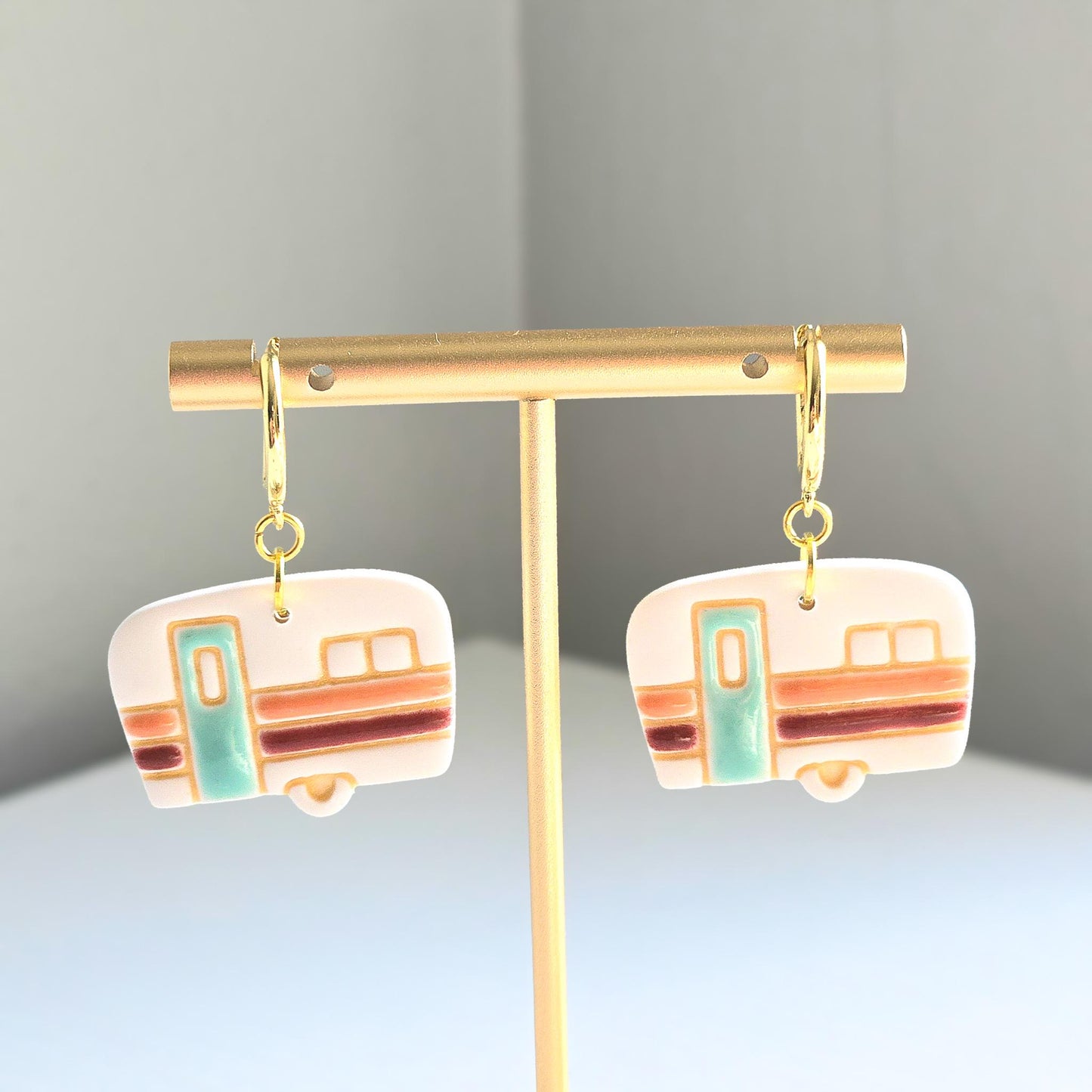 Fall Jewelry, Retro Camper Earring, Gold Huggie Earrings, Polymer Clay Earrings: Gold Hoop Earrings, Gold Statement Earrings, Vintage Style