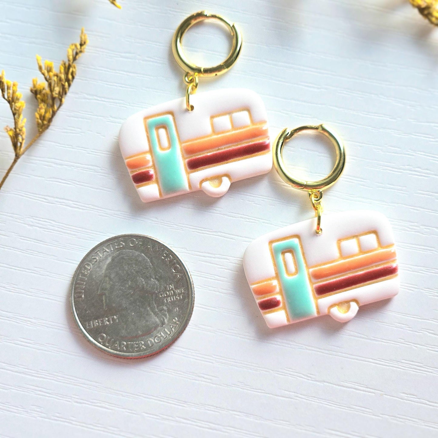 Fall Jewelry, Retro Camper Earring, Gold Huggie Earrings, Polymer Clay Earrings: Gold Hoop Earrings, Gold Statement Earrings, Vintage Style