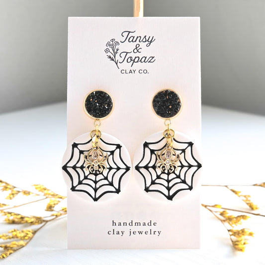 Halloween Earrings, Spider Web Earrings, Fall Jewelry, Black Druzy Earrings, Gold Statement Jewelry, Polymer Clay Earrings, Handmade Jewelry