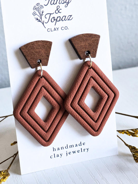 Fall Earrings, Polymer Clay Earrings: The Jill - Wood Post Earring, Stainless Steel Jewelry, Diamond Embossed Clay Jewelry, Gift for Her