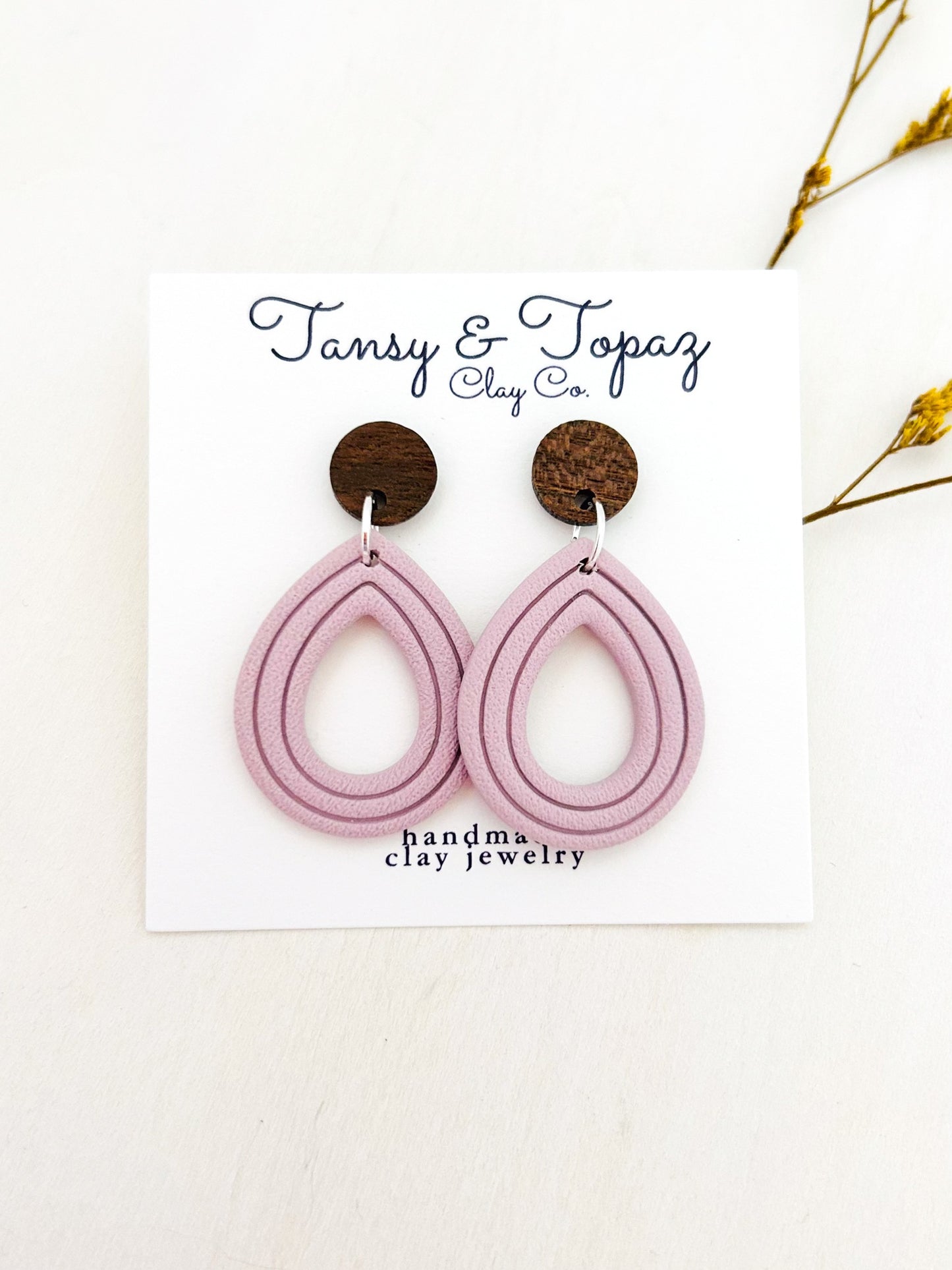 The Janelle - Textured Embossed Teardrop Dangles with Wood Topper