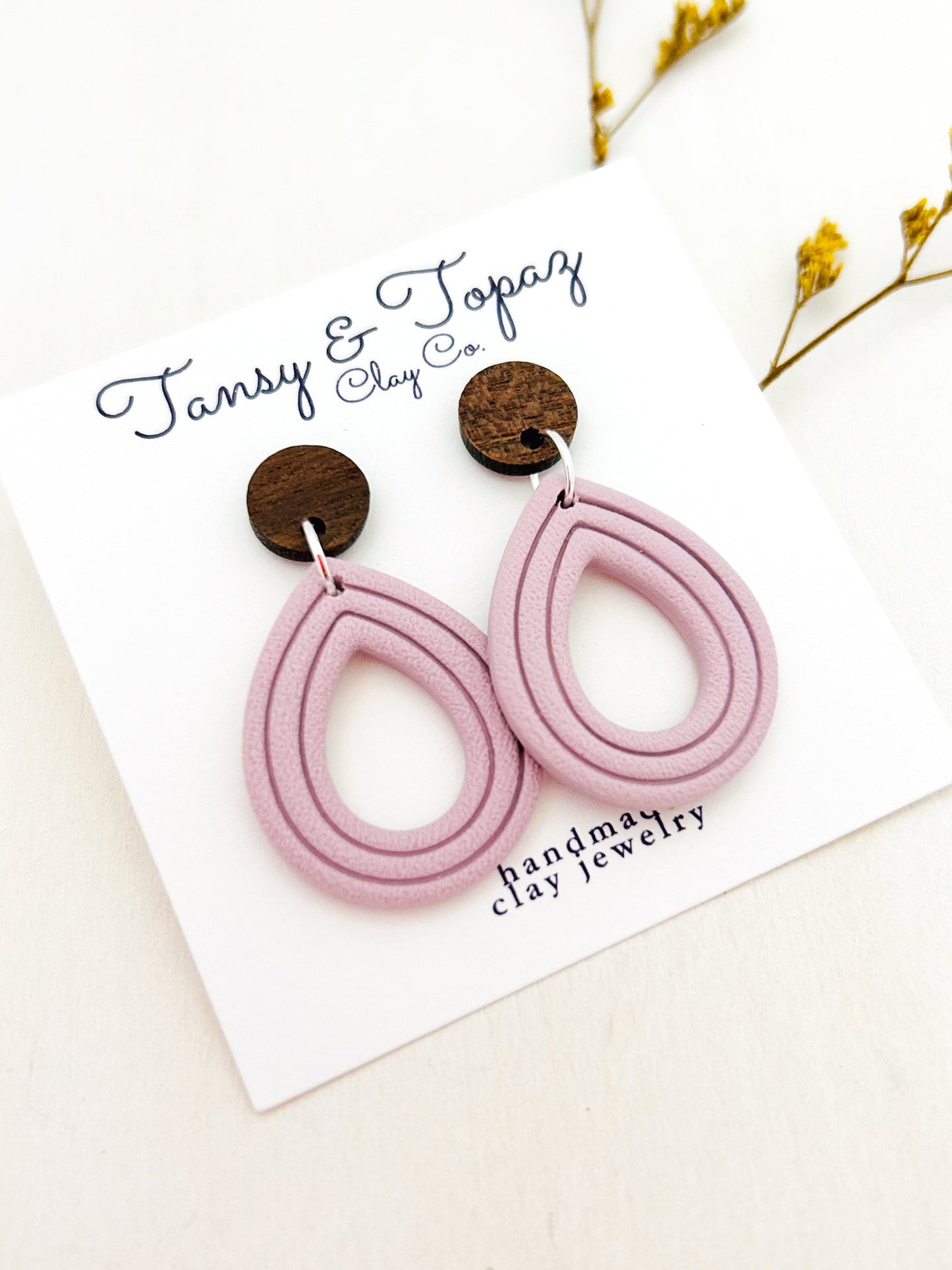 The Janelle - Textured Embossed Teardrop Dangles with Wood Topper