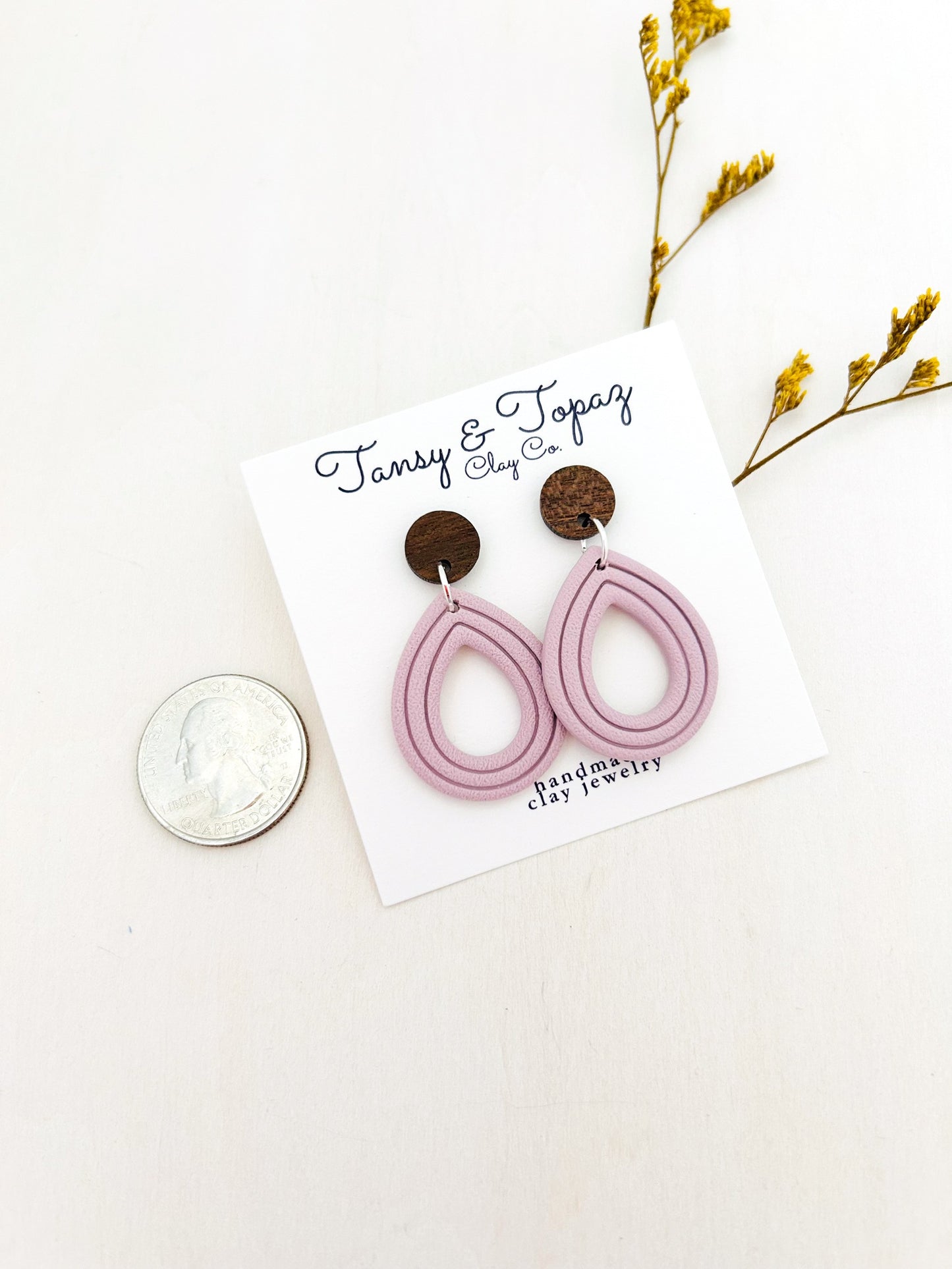 The Janelle - Textured Embossed Teardrop Dangles with Wood Topper