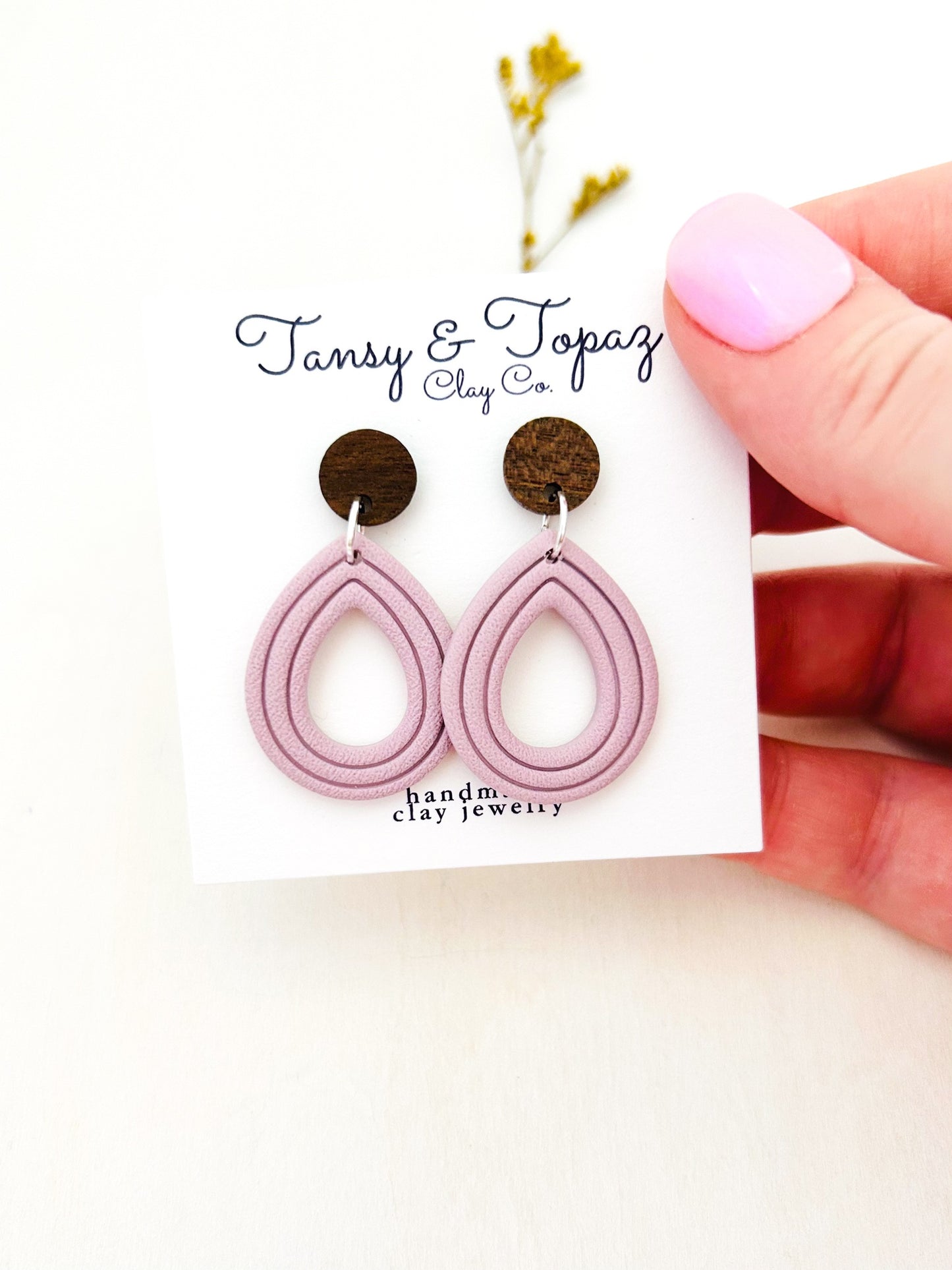 The Janelle - Textured Embossed Teardrop Dangles with Wood Topper