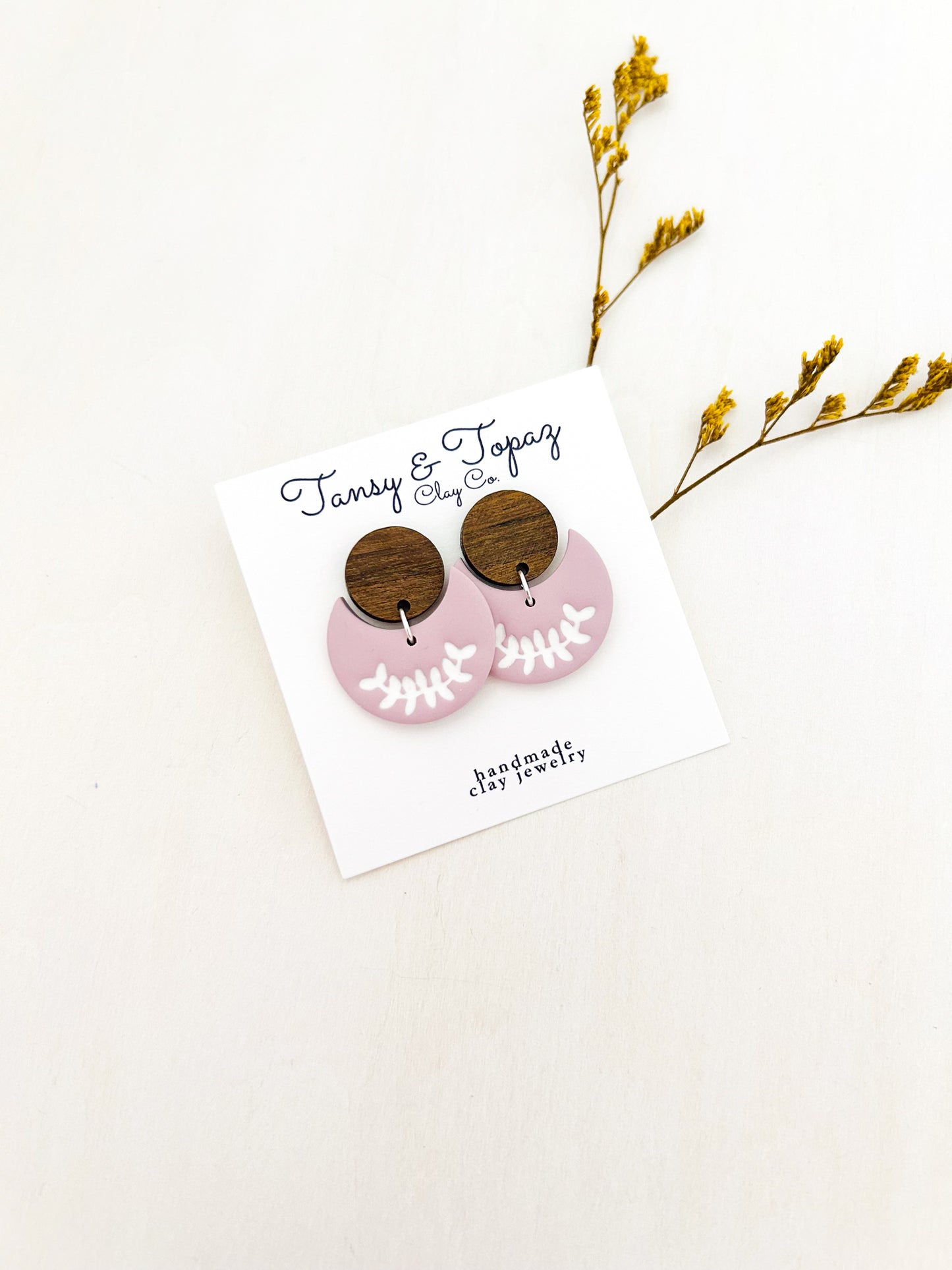 The Lilah - Small Floral Botanical Embossed Half Moon Dangles with Wood Topper