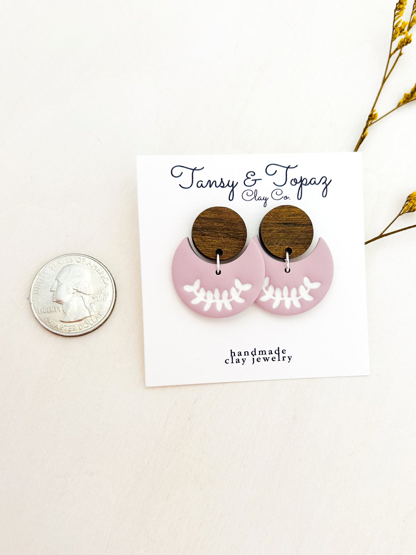 The Lilah - Small Floral Botanical Embossed Half Moon Dangles with Wood Topper