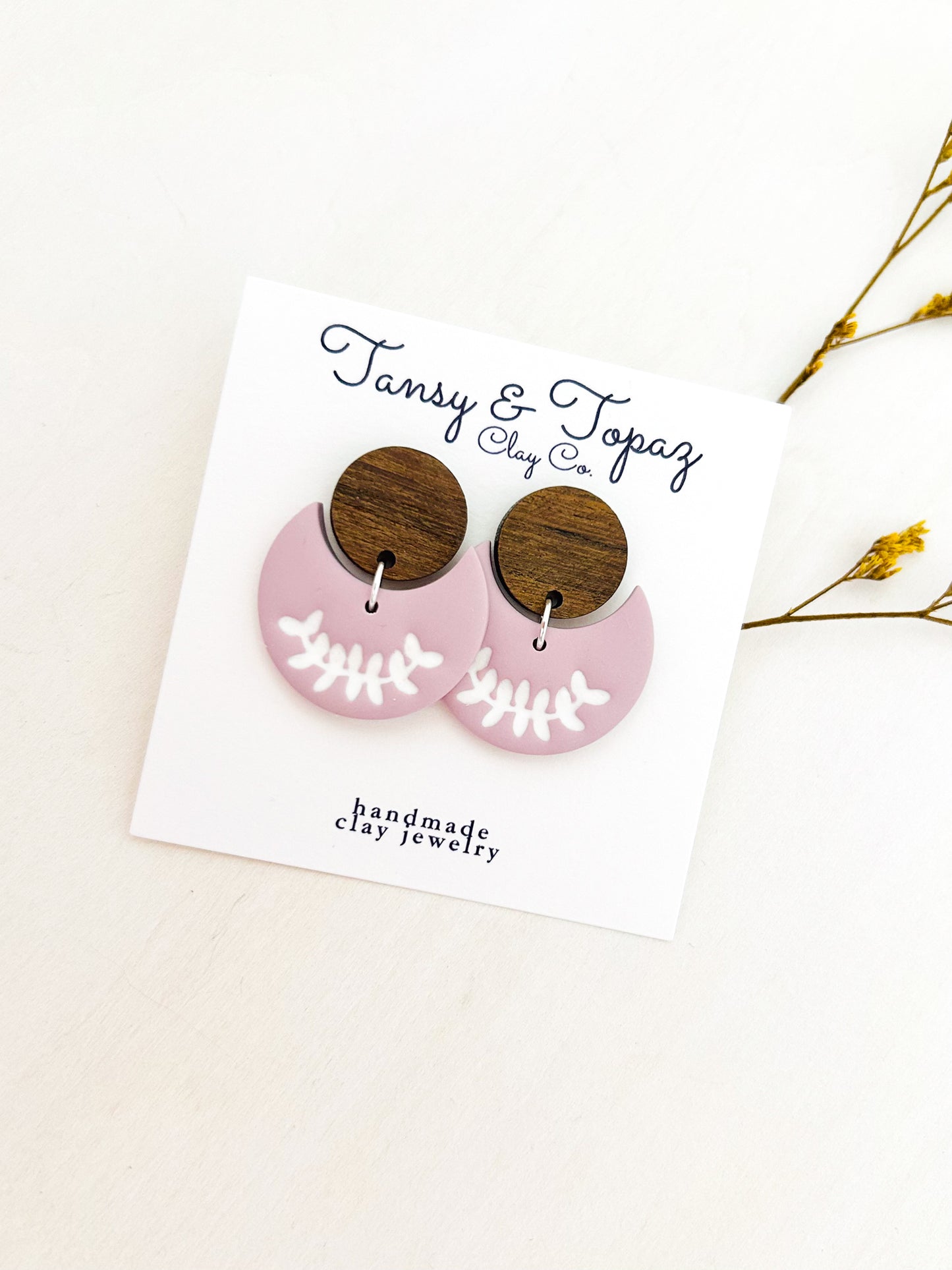The Lilah - Small Floral Botanical Embossed Half Moon Dangles with Wood Topper