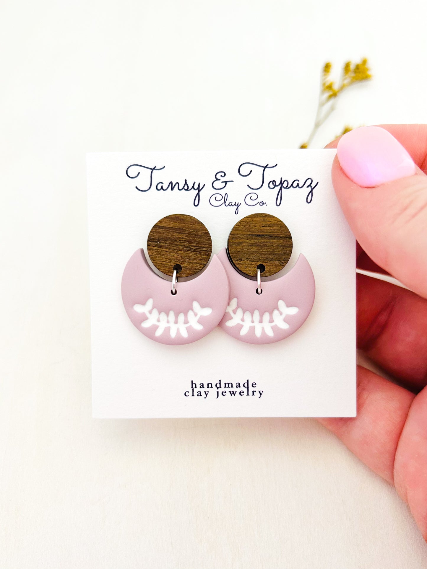 The Lilah - Small Floral Botanical Embossed Half Moon Dangles with Wood Topper