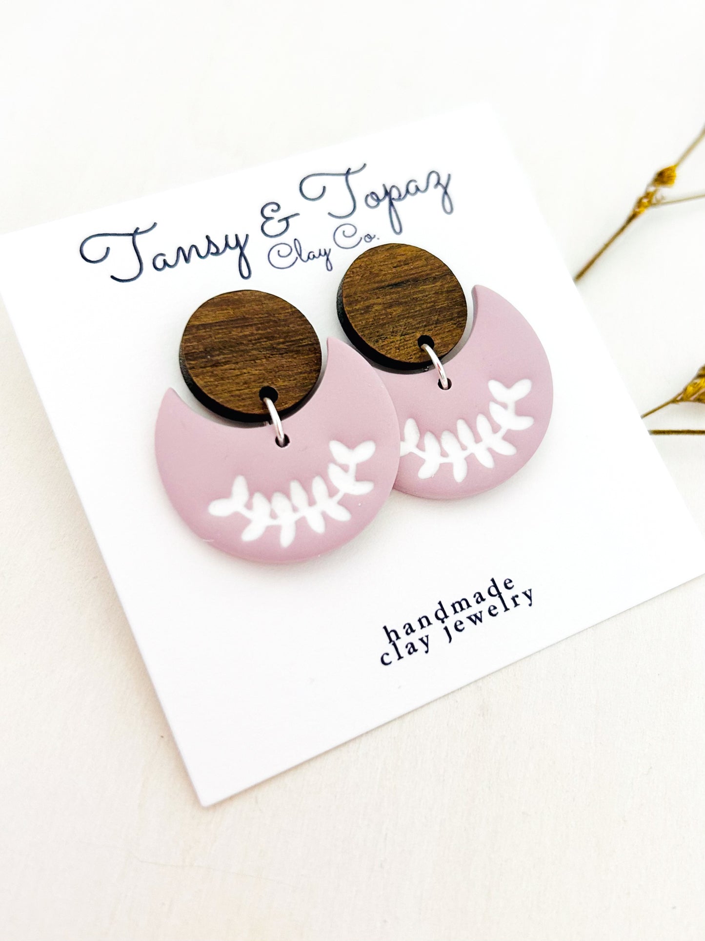 The Lilah - Small Floral Botanical Embossed Half Moon Dangles with Wood Topper