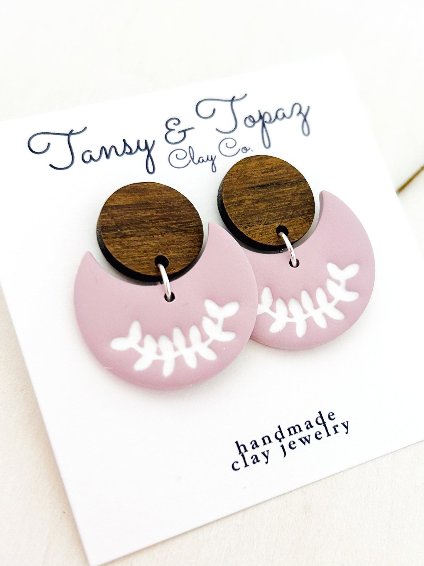 The Lilah - Small Floral Botanical Embossed Half Moon Dangles with Wood Topper