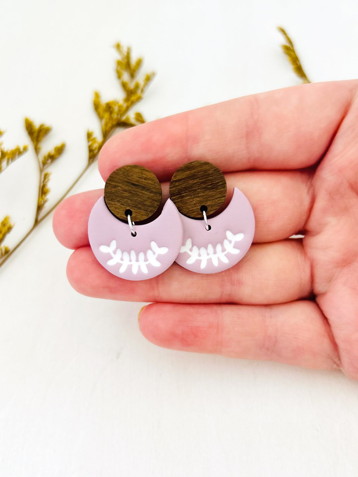 The Lilah - Small Floral Botanical Embossed Half Moon Dangles with Wood Topper