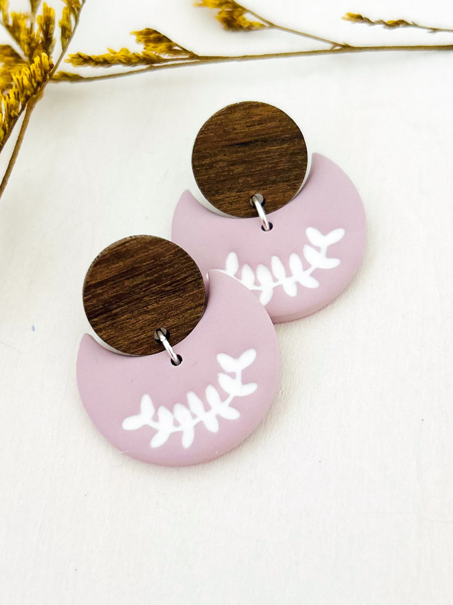 The Lilah - Small Floral Botanical Embossed Half Moon Dangles with Wood Topper