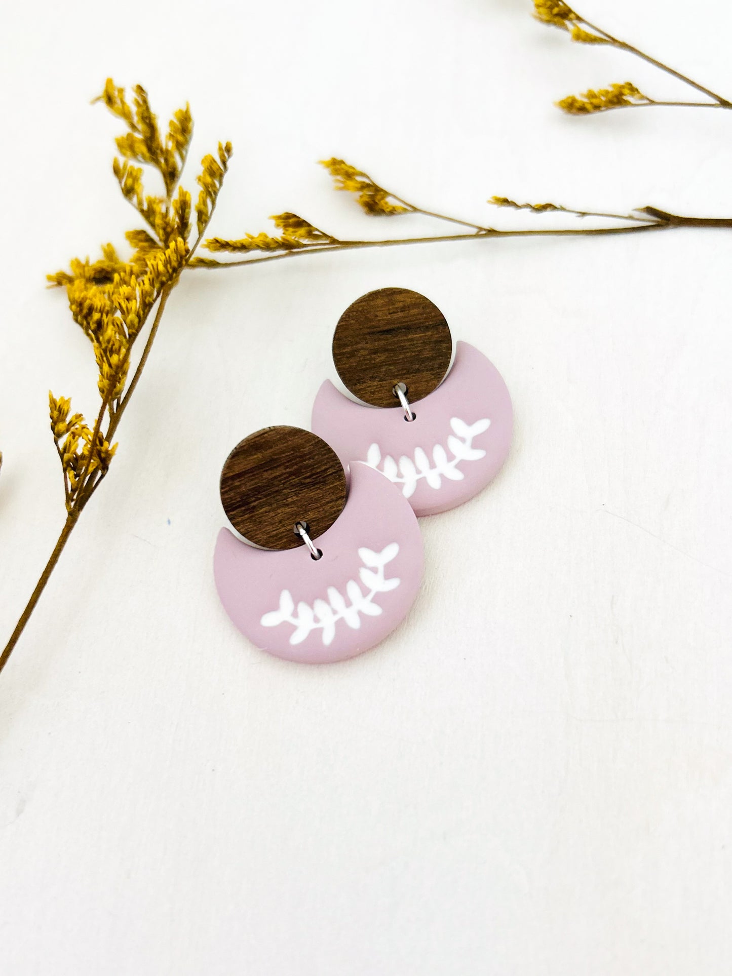 The Lilah - Small Floral Botanical Embossed Half Moon Dangles with Wood Topper