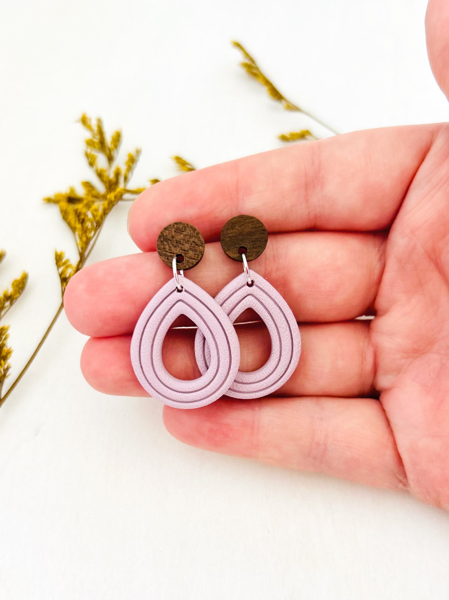 The Janelle - Textured Embossed Teardrop Dangles with Wood Topper
