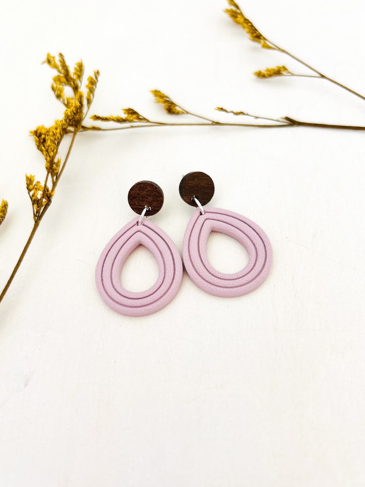 The Janelle - Textured Embossed Teardrop Dangles with Wood Topper