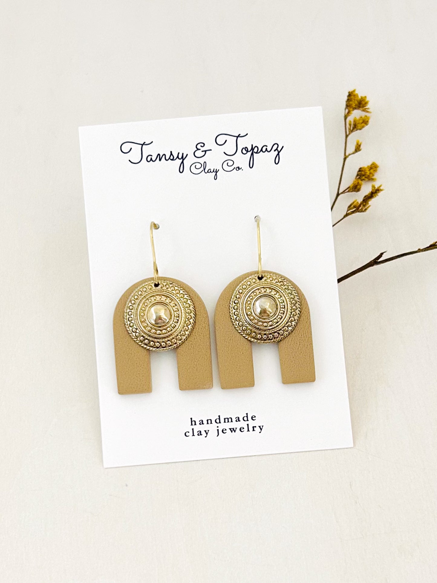 The Raina - Textured Neutral Arch Dangle Earrings with Coin Medallion Charm