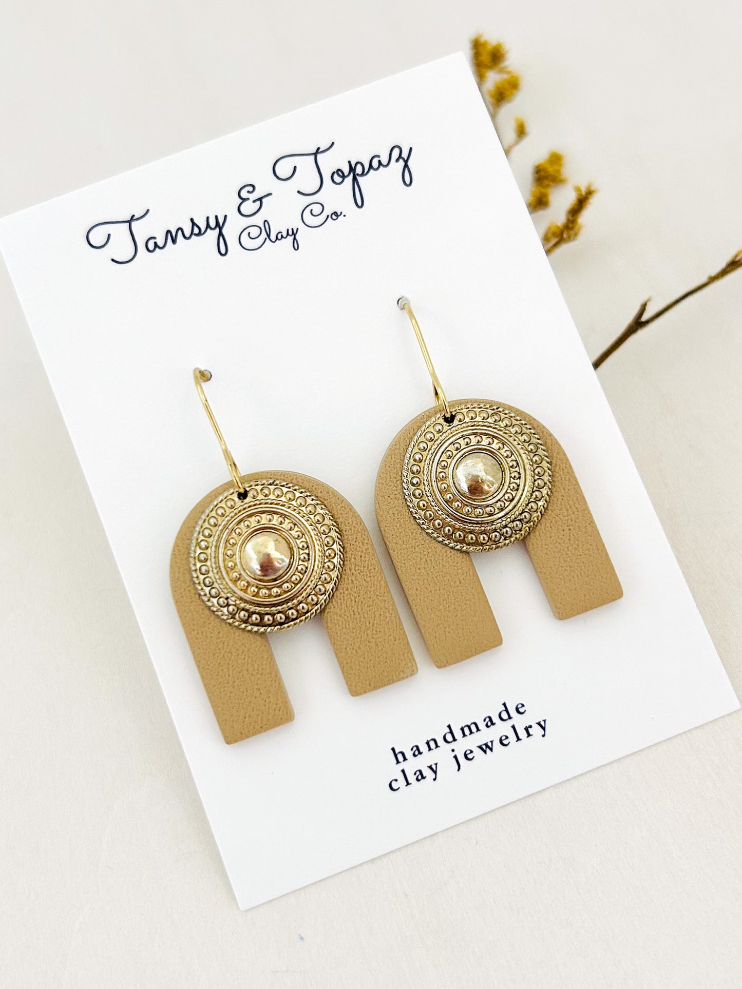 The Raina - Textured Neutral Arch Dangle Earrings with Coin Medallion Charm