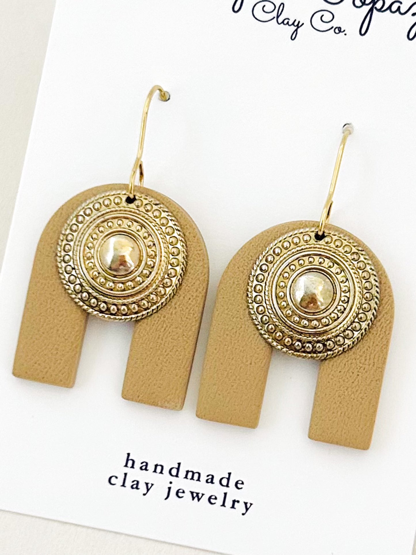 The Raina - Textured Neutral Arch Dangle Earrings with Coin Medallion Charm